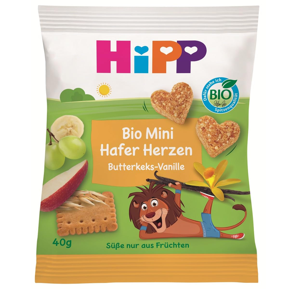 HiPP Havermout Vanille Hart Minikoekjes (12 x 40 g), vanaf 1 jaar, biologische hartvormige snackreep, rijk aan granen en vezels, alleen gezoet met fruit, van de beste biologische kwaliteit
