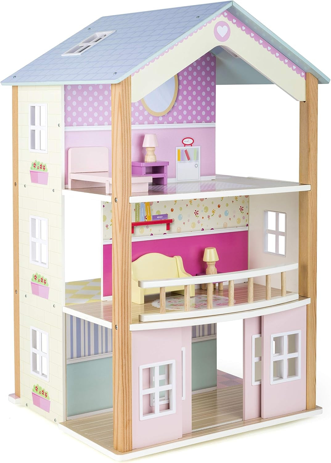 Small Foot 11192 Draaiend houten poppenhuis, paleis, 3 verdiepingen, inclusief speelgoedmeubel, veelkleurig, 37 x 40 x 67 cm