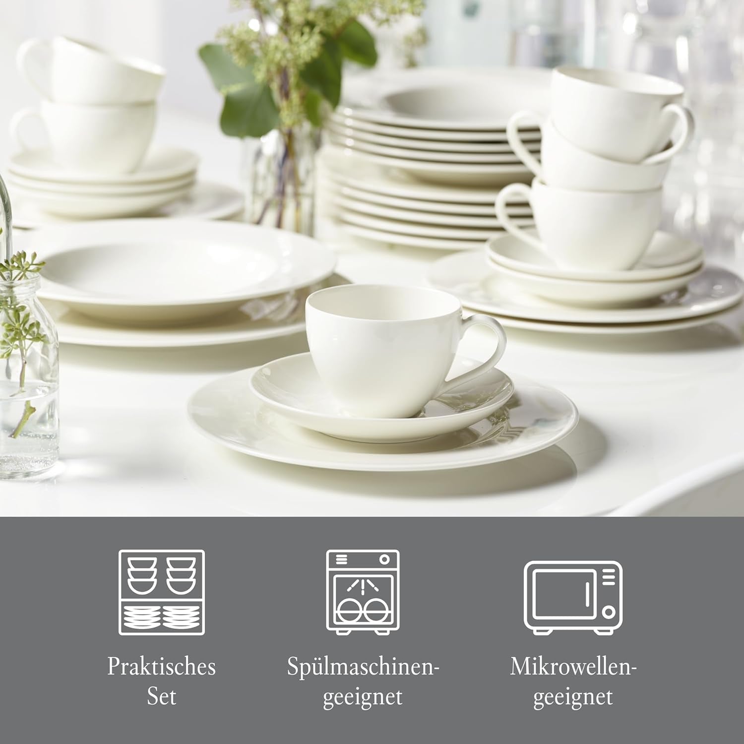 vivo - Villeroy & Boch Groep - Basic Wit 30-delig servies, vaatwasser- en magnetronbestendig, Wit servies, Koffieservies, Keramiek, Borden, Kopjes, Premium porselein