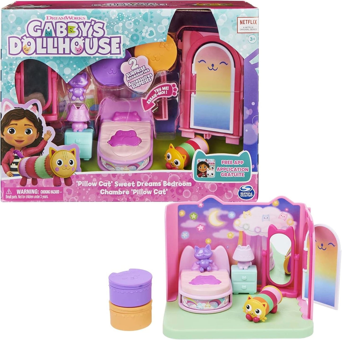 Gabby Dollhouse en Gabby Dollhouse Deluxe Kamer Sweet Dreams Fluffy Cat Slaapkamerkussen Kat en 3 Accessoires 3 Meubelstukken en 2 Verrassingsdozen Geschikt voor kinderen vanaf 3 jaar