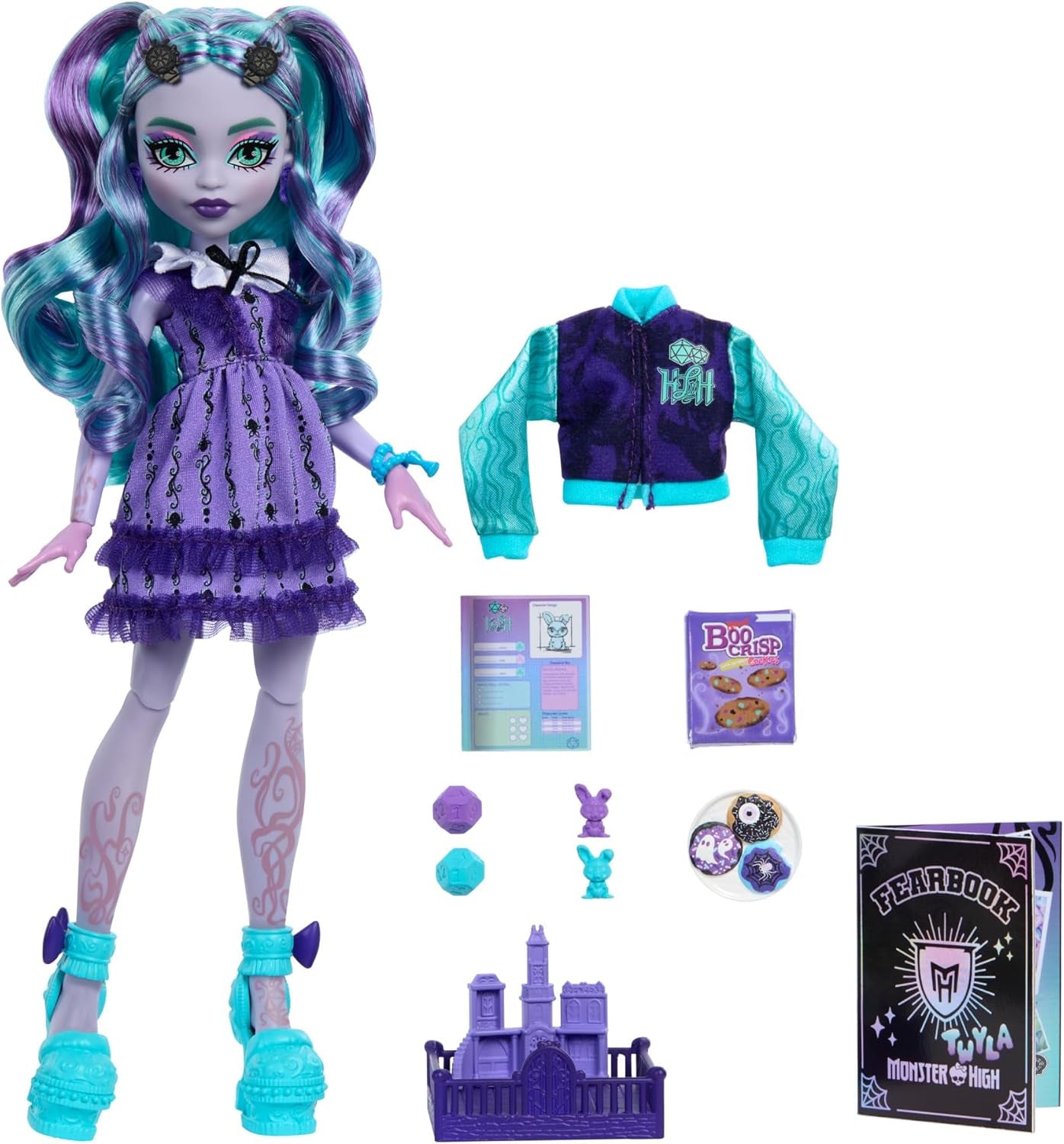Monster High Fearbook Twyla Doll en Film Club thema-accessoireset, College Jacket, afstudeeralbum, bordspel en koekjes, HXW31