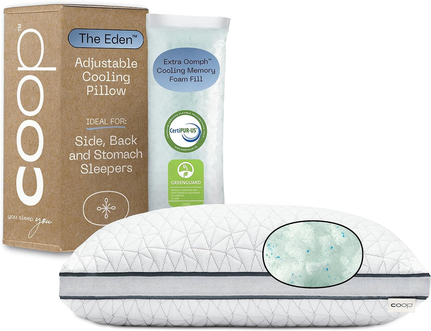 Coop Home Goods Eden Cool Verstelbaar kussen Kingsize verstelbaar met gel doordrenkt traagschuim Zacht ademend Lulltra-materiaal Ideaal voor alle slapers Milieuvriendelijk Naty Shop Standaardkussens Standaardtitel