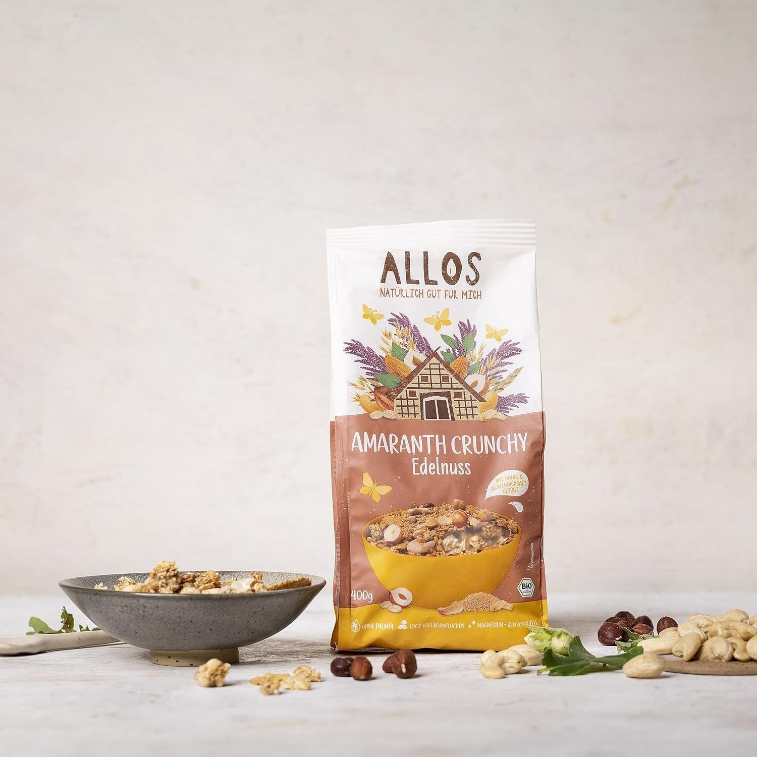 Premium knapperige muesli met walnoten en amarant Allos | Biologische Muesli | Muesli met noten | Havermout | Ontbijtgranen | Veganistisch | Pak van 6 (6 x 400 g)