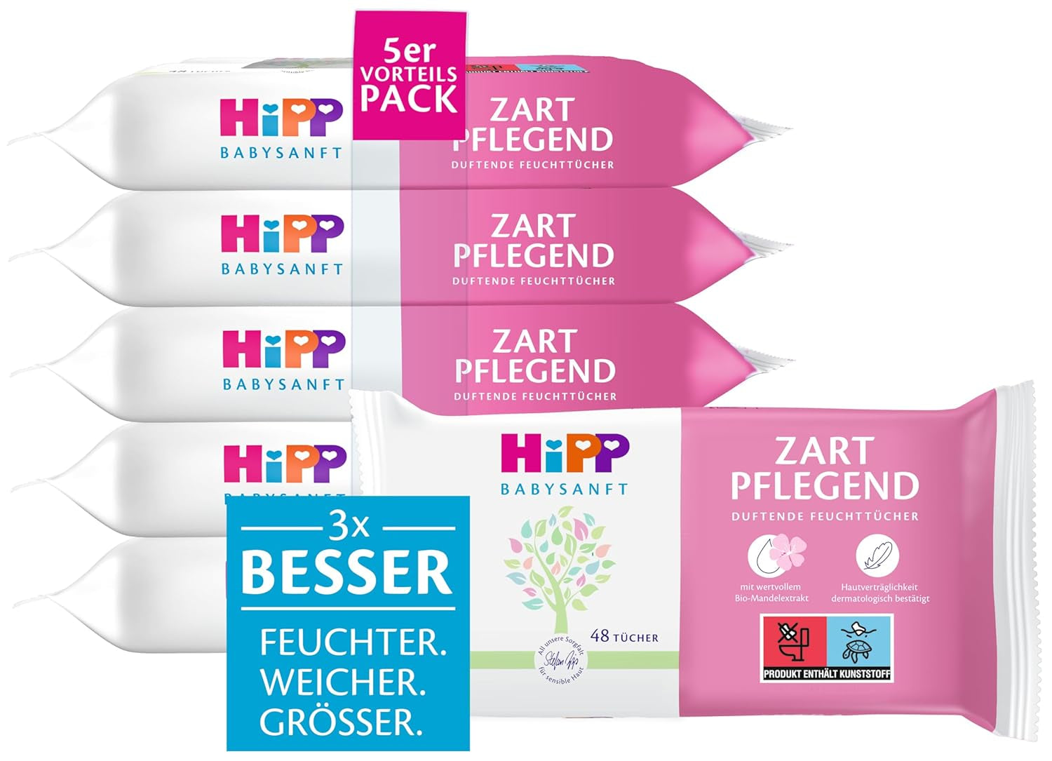 HiPP Babysanft Delicates Baby Natte Doekjes 720 stuks (3 x 240) met biologisch amandelextract, extra huidvriendelijk voor zachte reiniging van de gevoelige babyhuid