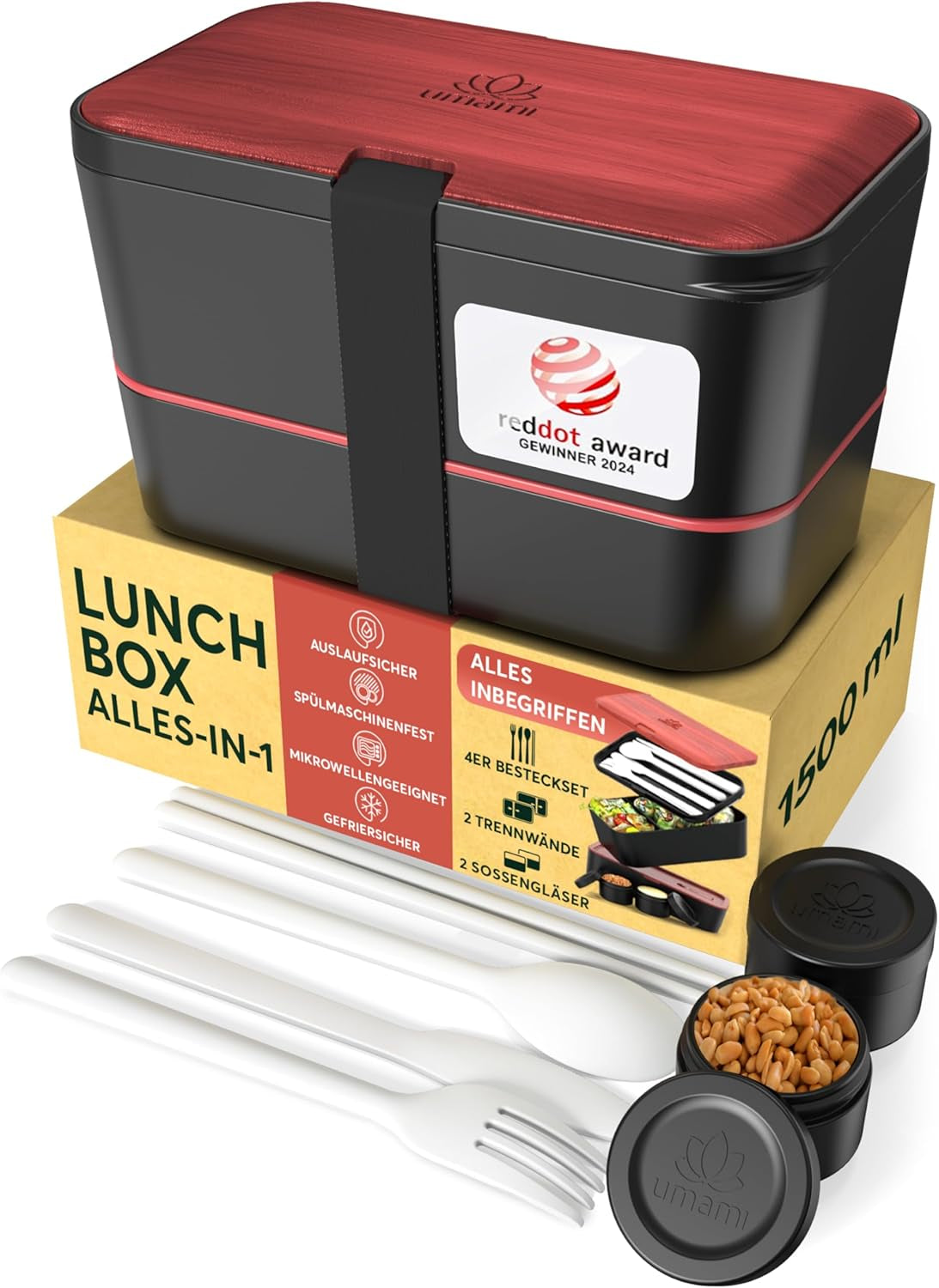 Umami lunchbox voor volwassenen, 4 bestek en compartiment lekvrije stapelbare bentobox, lunchbox voor volwassenen, saladecontainer voor onderweg, picknick-/bureaulunchbox, antracietgrijs, 1500 ml Naty Shop voedselbewaardozen zwart palissanderhout L - 1500 ml in elkaar stapelbaar