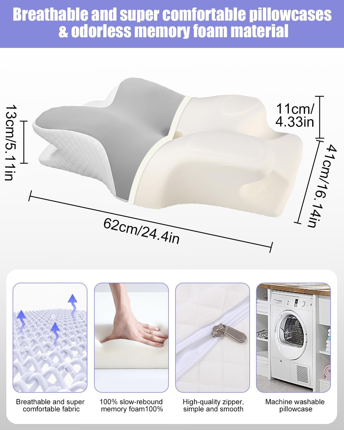 Nekkussen, zijsteunkussen, traagschuimkussen, orthopedisch kussen, ergonomisch neksteunkussen voor optimale ondersteuning Rug- en buiksteunkussen aan de zijkant (62 X 41 X 13CM) Cervicale orthopedische kussens Naty Shop