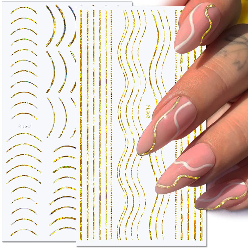 12 vellen Laserglitterlijnen Zelfklevende nagelstickers Holografische stickers Bronzen strepen Nagelstickers Franse lijn Gebogen strikken Golvende lijnen Nagelstickers Nagelkunstaccessoires