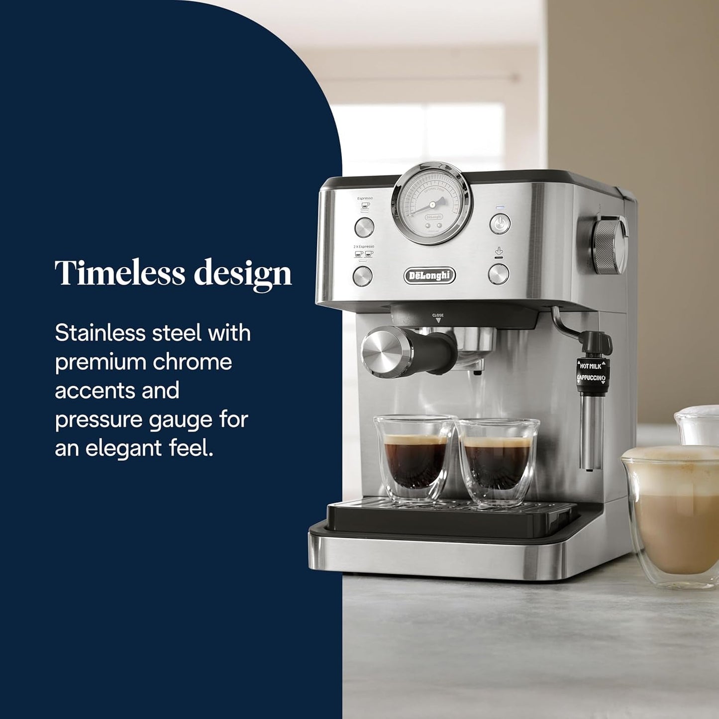 De'Longhi Classic EM450.M portafilter espressomachine met professionele melkopschuimer, volledig metalen behuizing, 15 bar, watertank 1,7 l, RVS/metaal