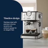 De'Longhi Classic EM450.M portafilter espressomachine met professionele melkopschuimer, volledig metalen behuizing, 15 bar, watertank 1,7 l, RVS/metaal