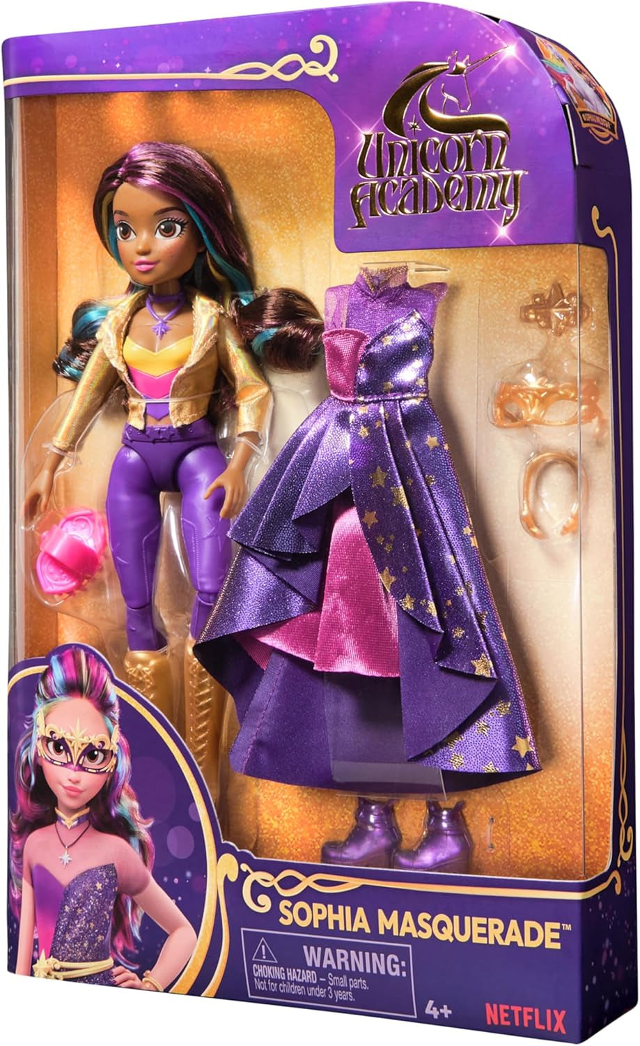 Unicorn Academy Deluxe Maskeradebal - Sophia Original pop uit de populaire Netflix-serie, 24 cm hoog, met 2 outfits en accessoires, vanaf 4 jaar