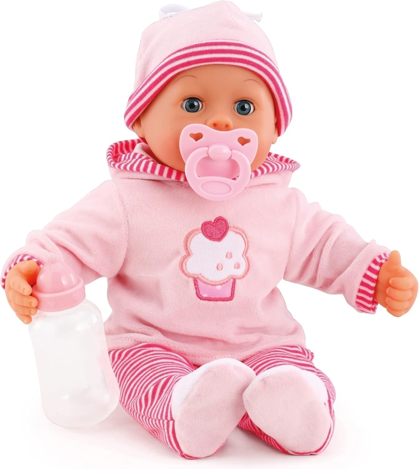 Eerste woorden pop met slaperige ogen spreekt 24 babygeluiden met pop en fles 38 cm roze/strepen Naty Shop enkele poppen