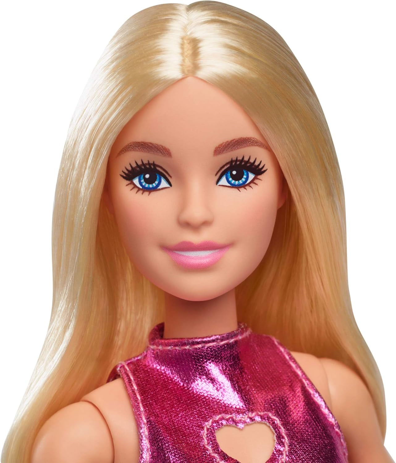 Barbie Fashionistas pop nr. 230 met blond haar, roze metallic mini-jurk met hartuitsnijding, witte armband en hoge hakken, HYT88