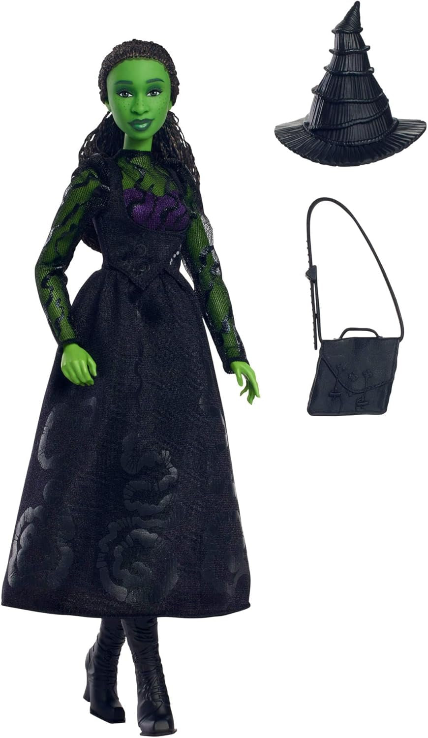 Mattel Wicked Elphaba modepop en accessoires met groene huid, zwart gevlochten haar, verschillende mogelijke houdingen en uitschuifbare baljurkuitstraling, HXT62, [Multicolor] Naty Shop-poppen