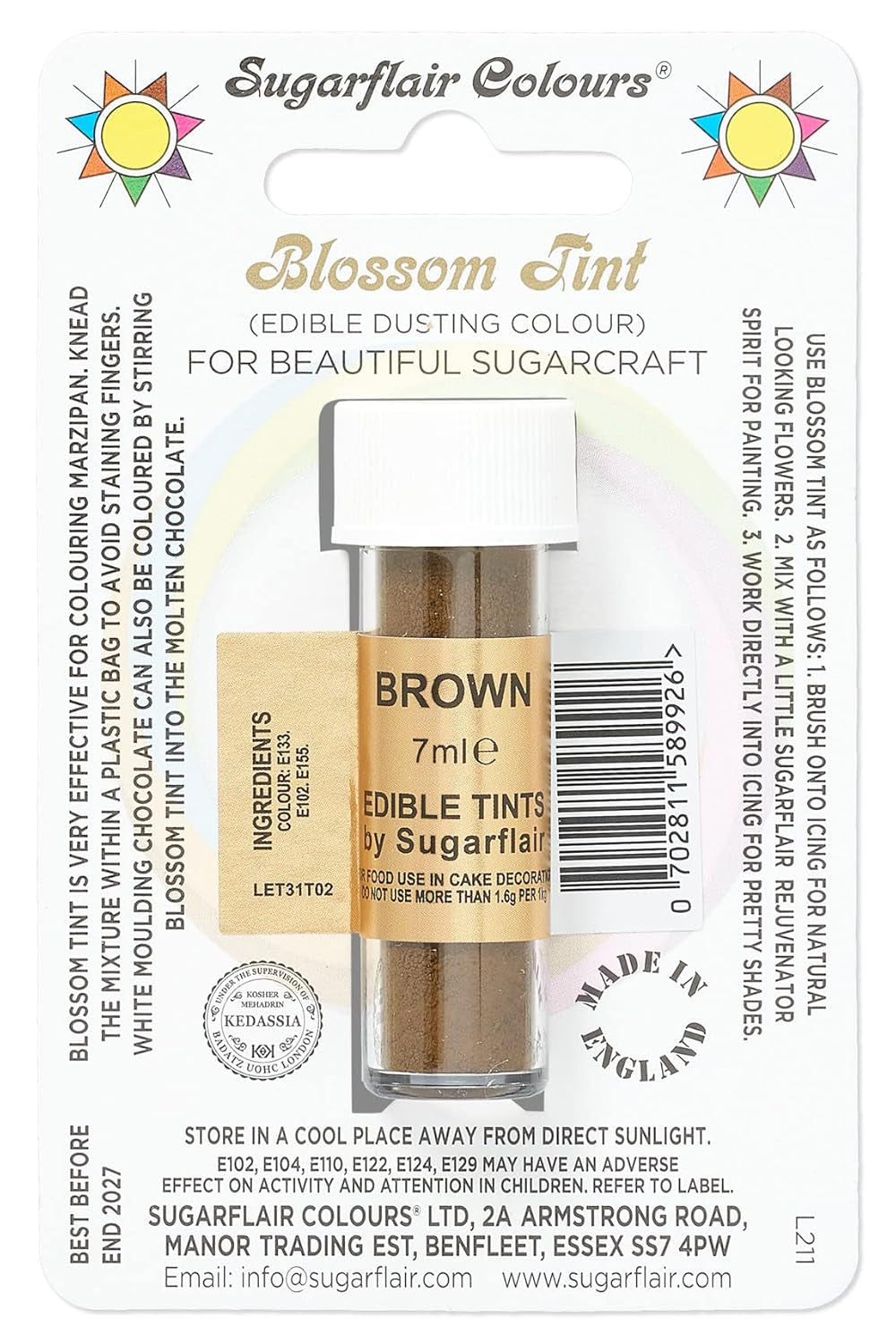 Kleurstofpoeder Sugarflair Blossom Tint Dusting brown - Kleurstofpoeder voor het decoreren van gekleurde suikerpasta, fondant, glazuur, chocolade, botercrème, bitterkoekjes - 7 ml