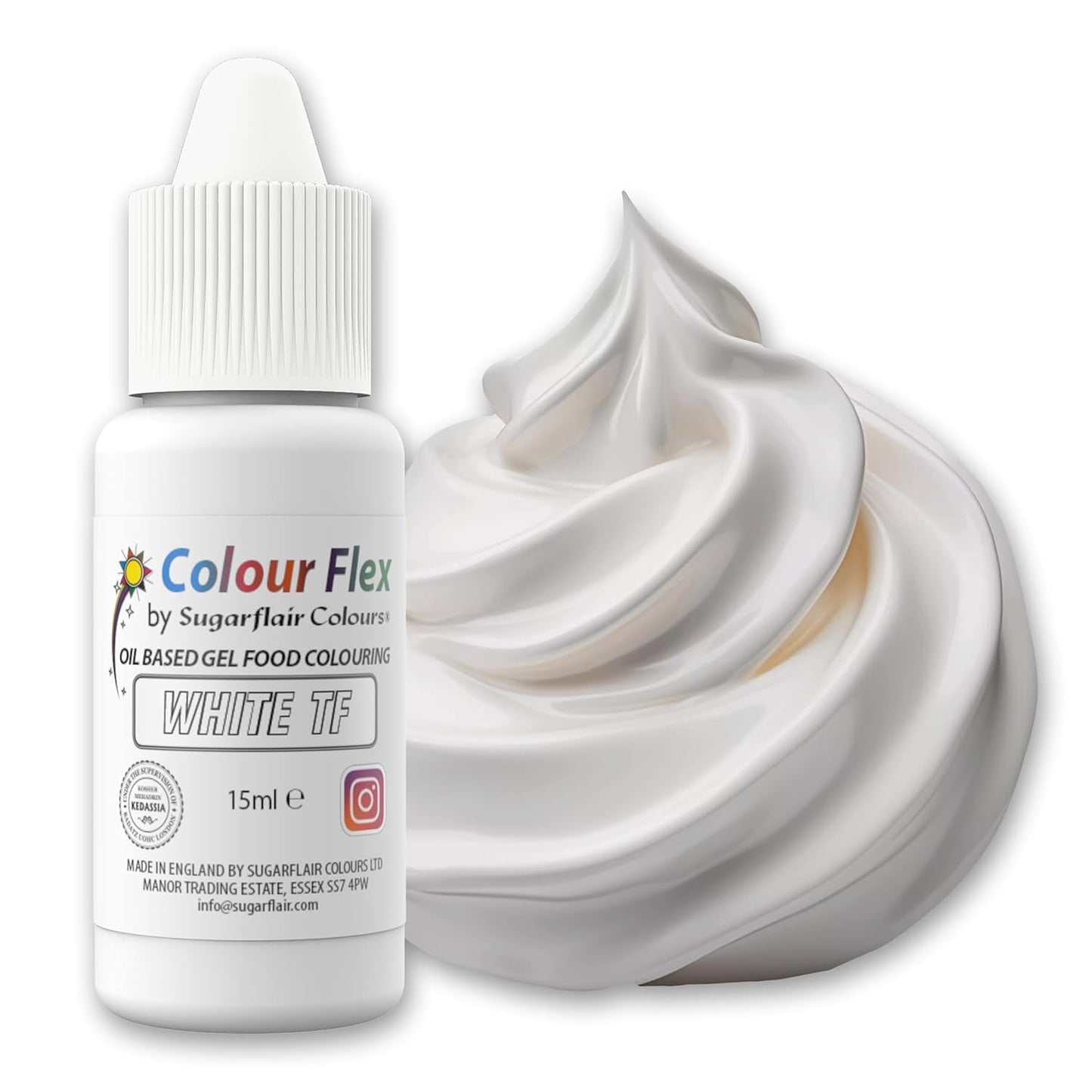 Sugarflair Colourflex Witte voedingskleurstof op oliebasis, sterk geconcentreerde vloeibare voedingskleurstof, voedingskleurstof voor botercrème, chocolade, deeg, fondant, glazuur en meer - 15 ml