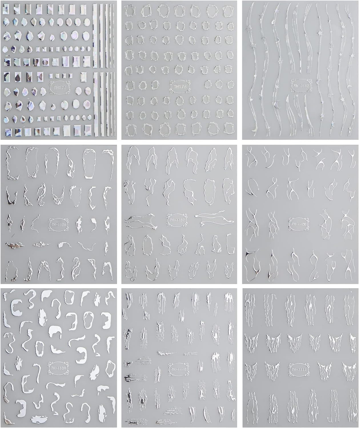 JMEOWIO Nagelsticker Marmor Linie 9 Blatt Nail Art Sticker Selbstklebend Nagelaufkleber Silver Bunt Decoratie Nageldesign Zubehör