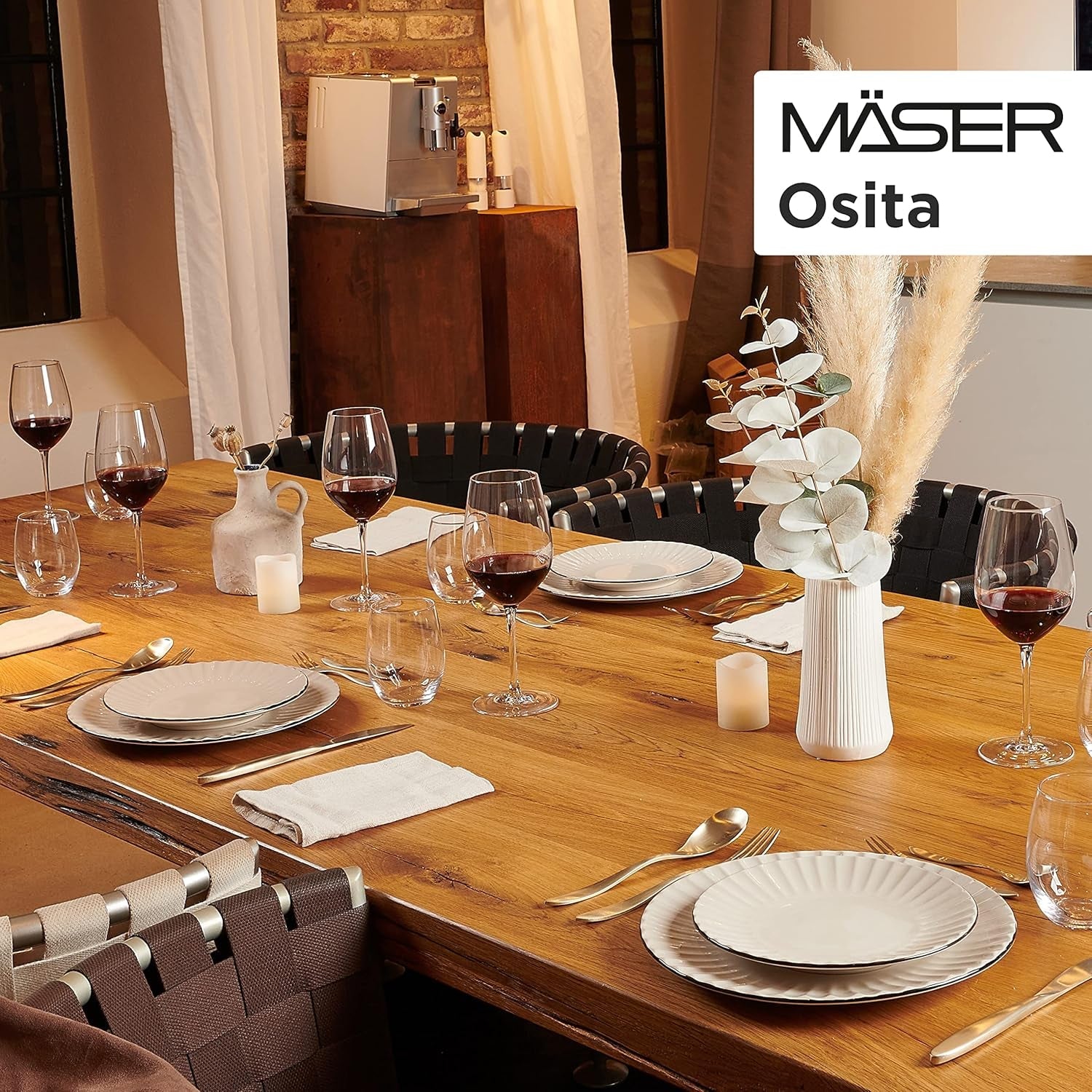 MÄSER 931967 Osita Retro-serie 6-persoons Wave-serviesset, 18-delige ronde serviesset, dinerborden, dessertborden en mueslischalen, keramiek, romig wit