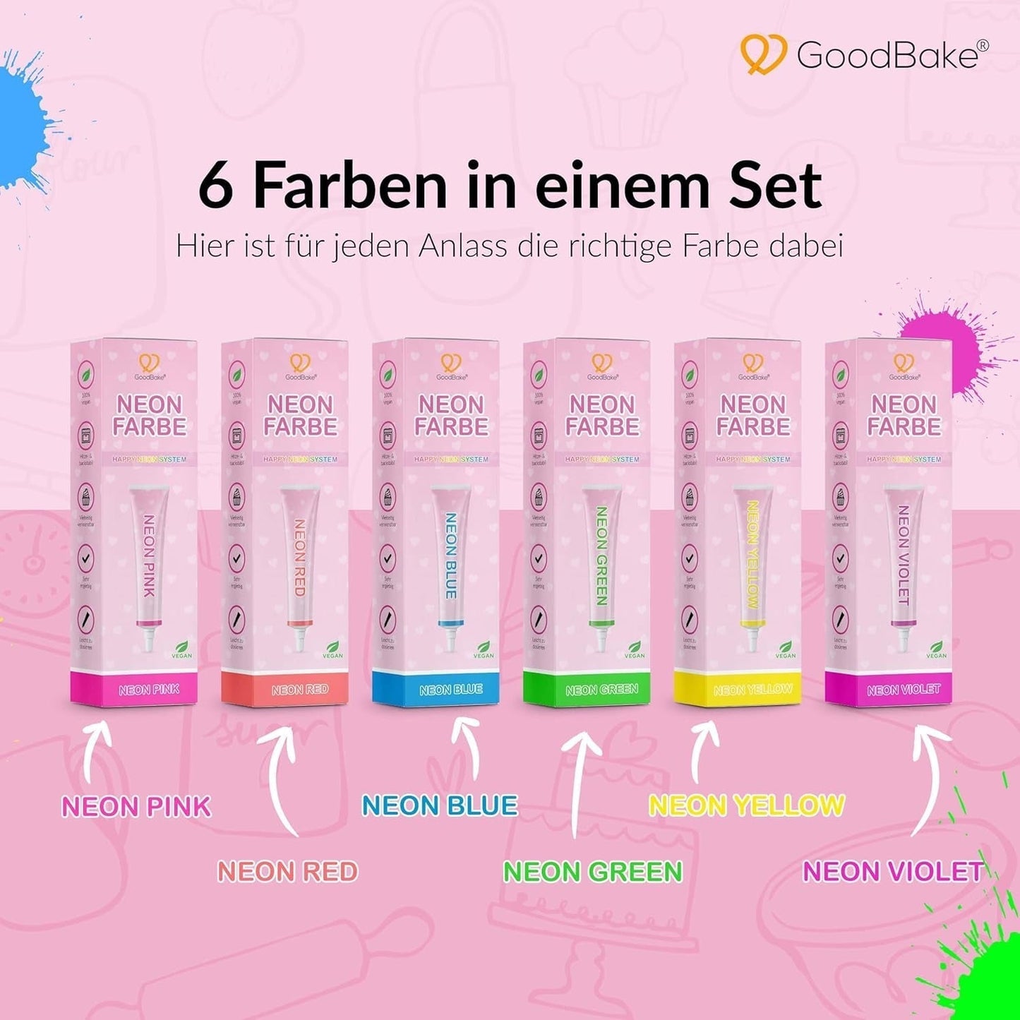 Goodbake Neonlebensmittelfarben 6 Farben Set – Intensieve Lebensmittelfarbe – Lebensmittelfarbpaste – Zum Einfärben Von Torten, Fondant, Botercreme Uvm. – 100% veganistische Naty Shop