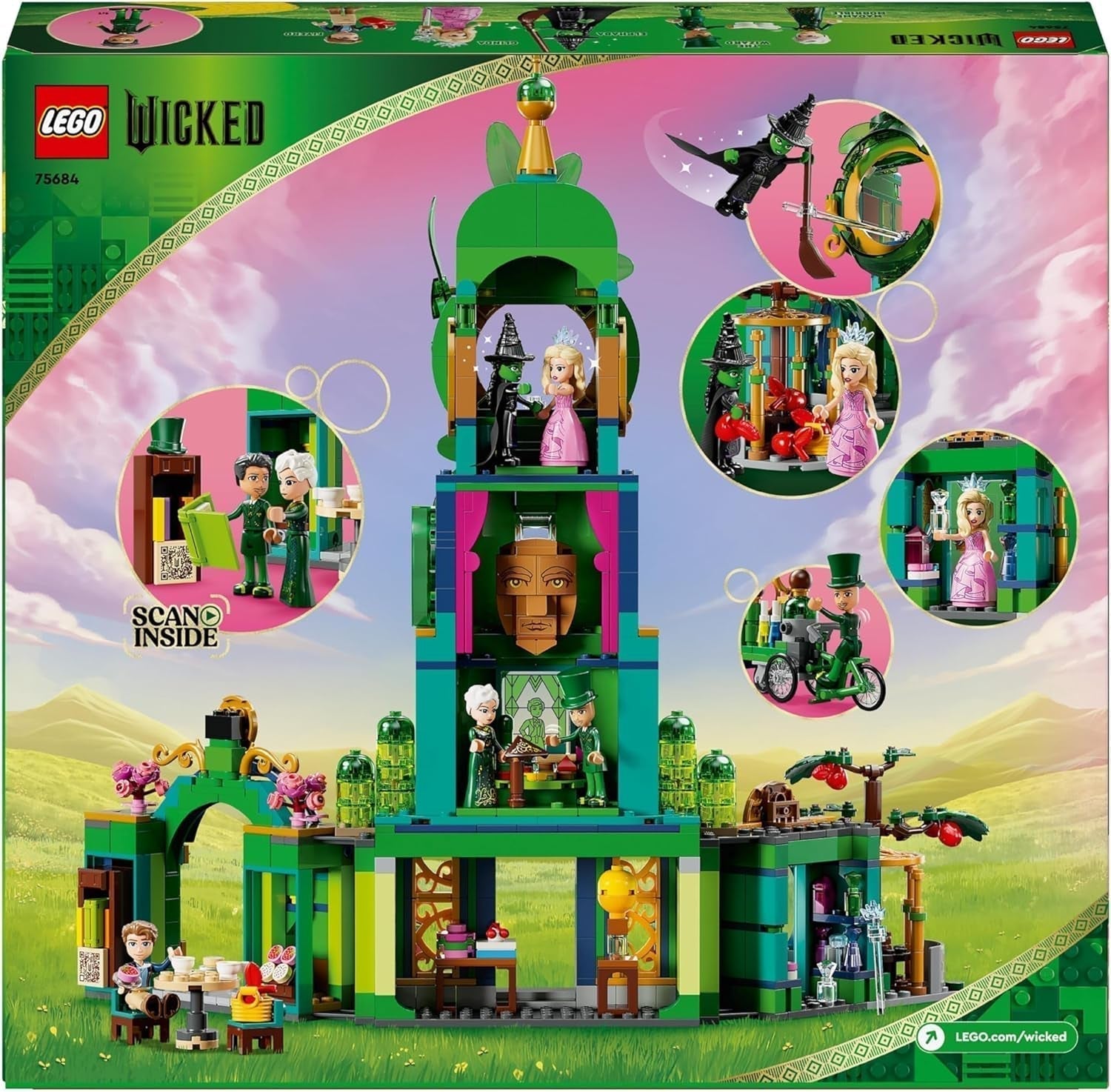 LEGO Wicked Welcome to Emerald City torenspeelgoed, minipoppen van Glinda en Elphaba, cadeau voor filmfans en meisjes en jongens vanaf 9 jaar die van poppenhuizen houden 75684 Bouwsets Besuche in LEGO-Store