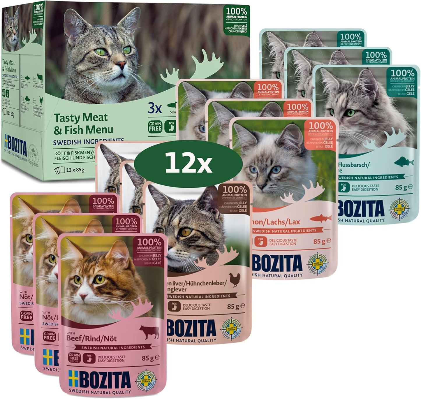 Bozita Natvoer stukjes in gelei met vis en vlees - 12 zakjes x 85g, graan- en tarwevrij kattenvoer - Natvoer voor volwassen katten met 8,5% eiwit en 4,5% vet