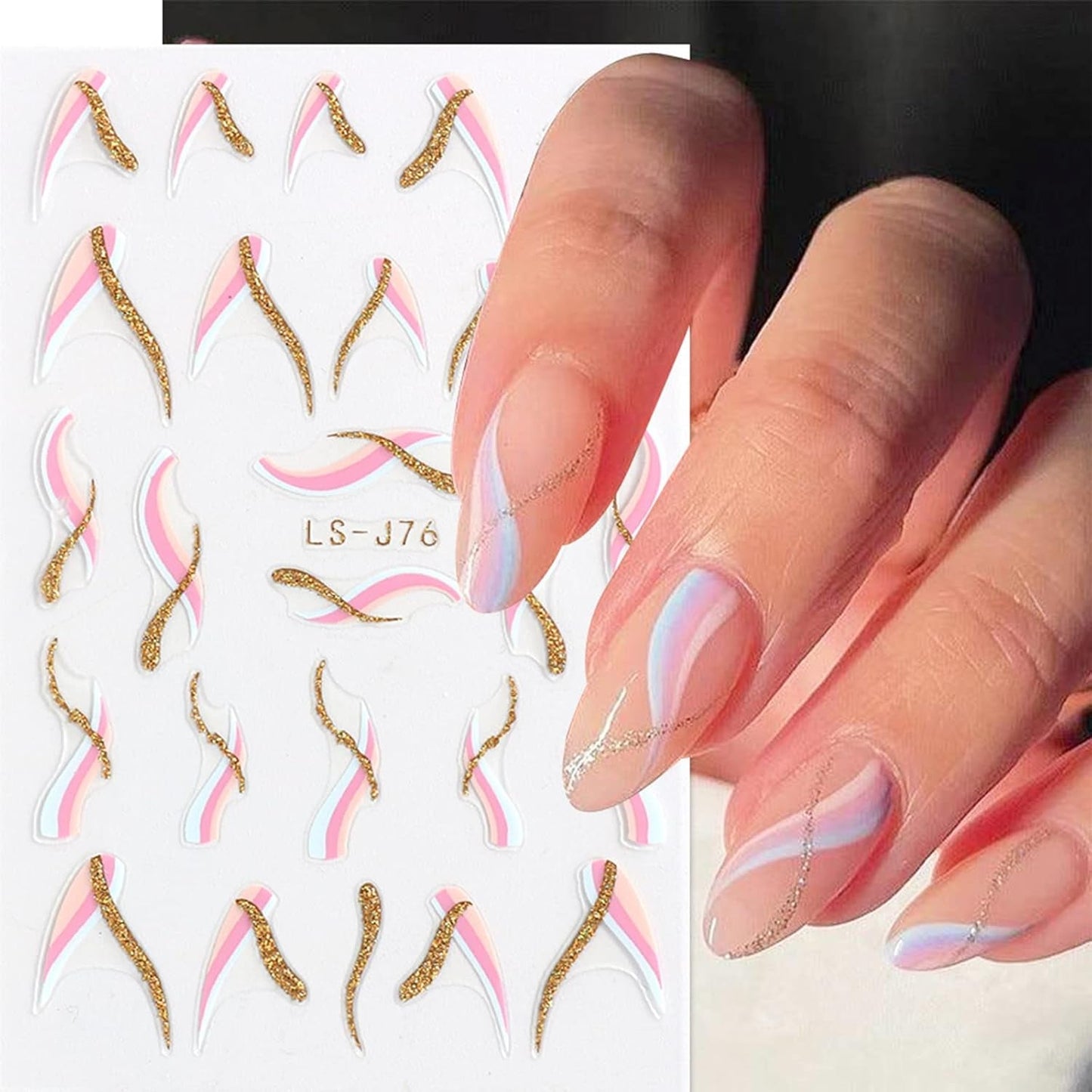 JMEOWIO Nagelsticker Französische Tipp 9 Blatt Nail Art Sticker Selbstklebend Nagelaufkleber Glitzer Wellenlinie Decoratie Nageldesign Zubehör