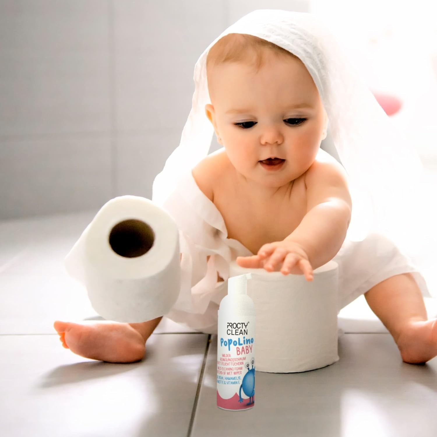 PopoLino Baby zachte bodemschuim in plaats van natte babydoekjes. Veganistisch en natuurlijk cosmetisch reinigingsschuim! Bodemschuim met aloë vera, toverhazelaar, bergamot en vitamine E. Maakt de billen en het milieu blij.