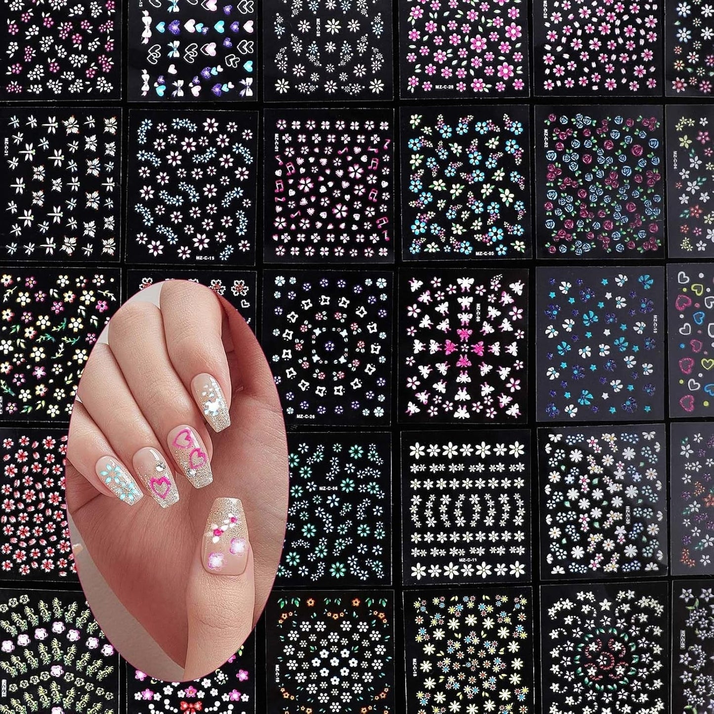 3D Nagelsticker 30 Blatt Nagelsticker Selbstklebend Blumen Blumenherzform Nageldesign Nagelsticker Nageldesign Zubehör Nagelaufkleber Für DIY Decoraties, Maniküre, Handyhüllen