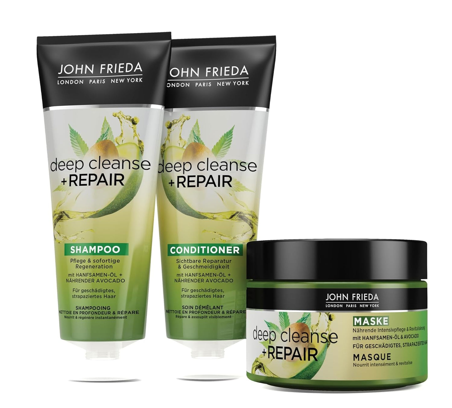 John Frieda - Deep Cleanse & Repair Mask/treatment - Inhoud: 250 ml - Met hennepzaadolie + voedende avocado - Kalmerend haarmasker voor beschadigd haar Naty Shop haarmasker