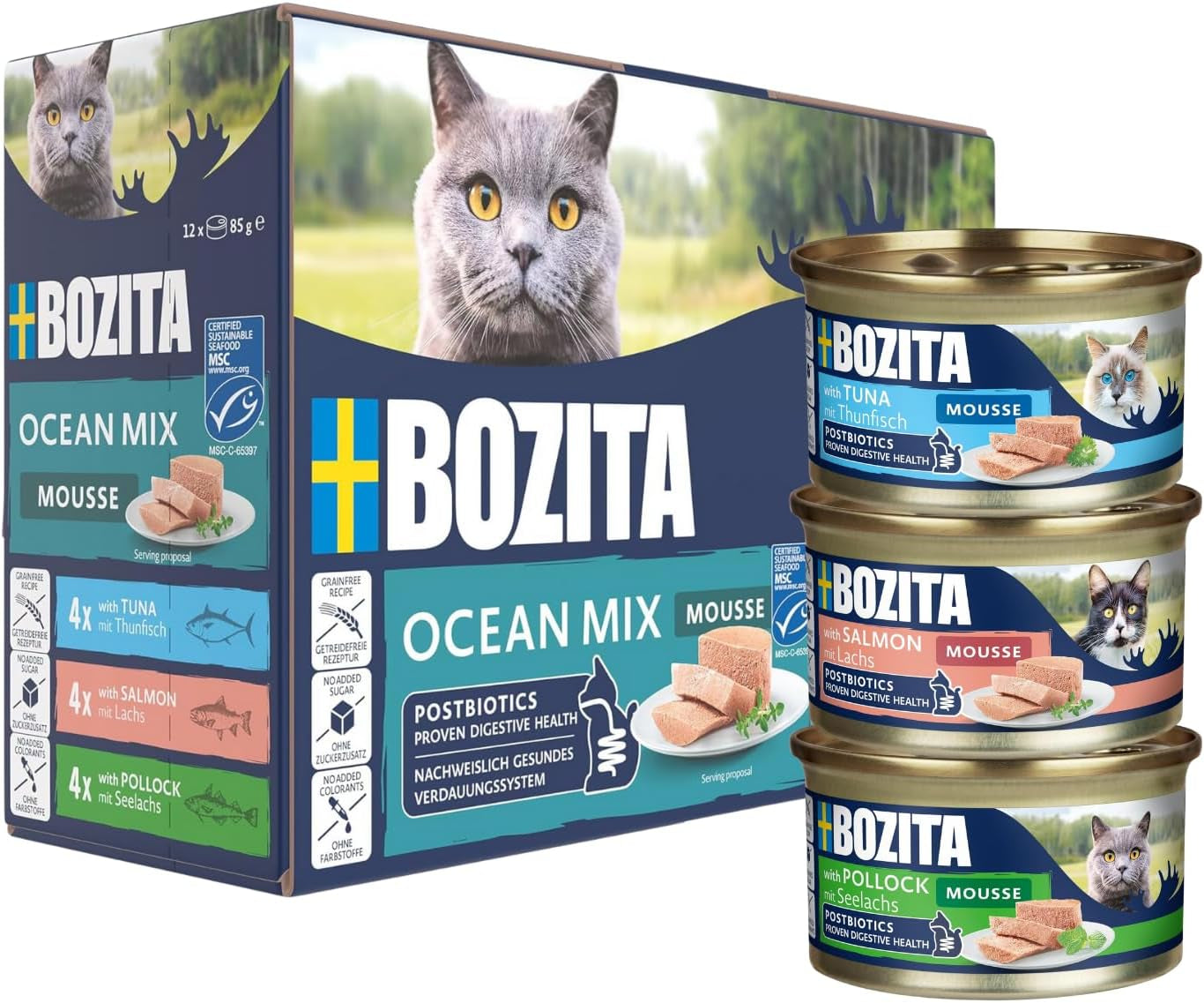 Bozita Mousse Ocean Mix - 12 x 85g kattennatvoer met tonijn, zalm of gele kabeljauw - graanvrij, suikervrij en kunstmatige kleurstoffen - met postbiotica voor een gezonde darmflora