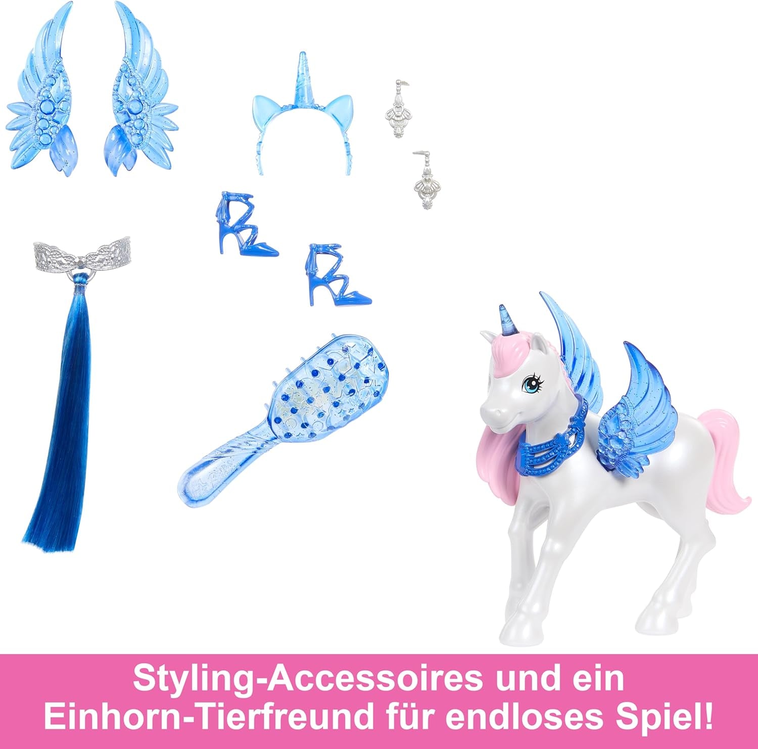 Barbie Hidden Magic - Eenhoornpop, roze jurk met saffierblauwe details, eenhoornhoofdband, afneembare saffiervleugels en staart, vanaf 3 jaar, HRR16