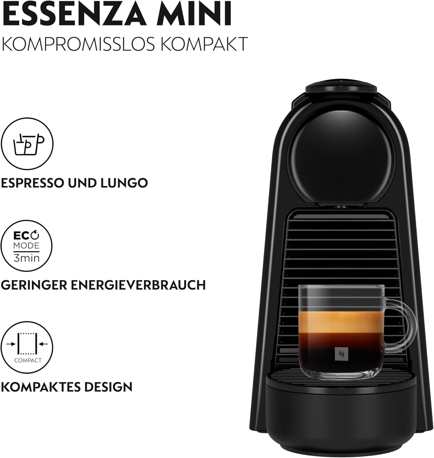 Espressomachine met Nespresso De'Longhi Essenza Mini capsules, zwart | Pompdruk 19 bar | Watertank 0,6 l | Voor espresso en lungo | Kleine espressomachine – Geweldige koffiemomenten | EN85.B