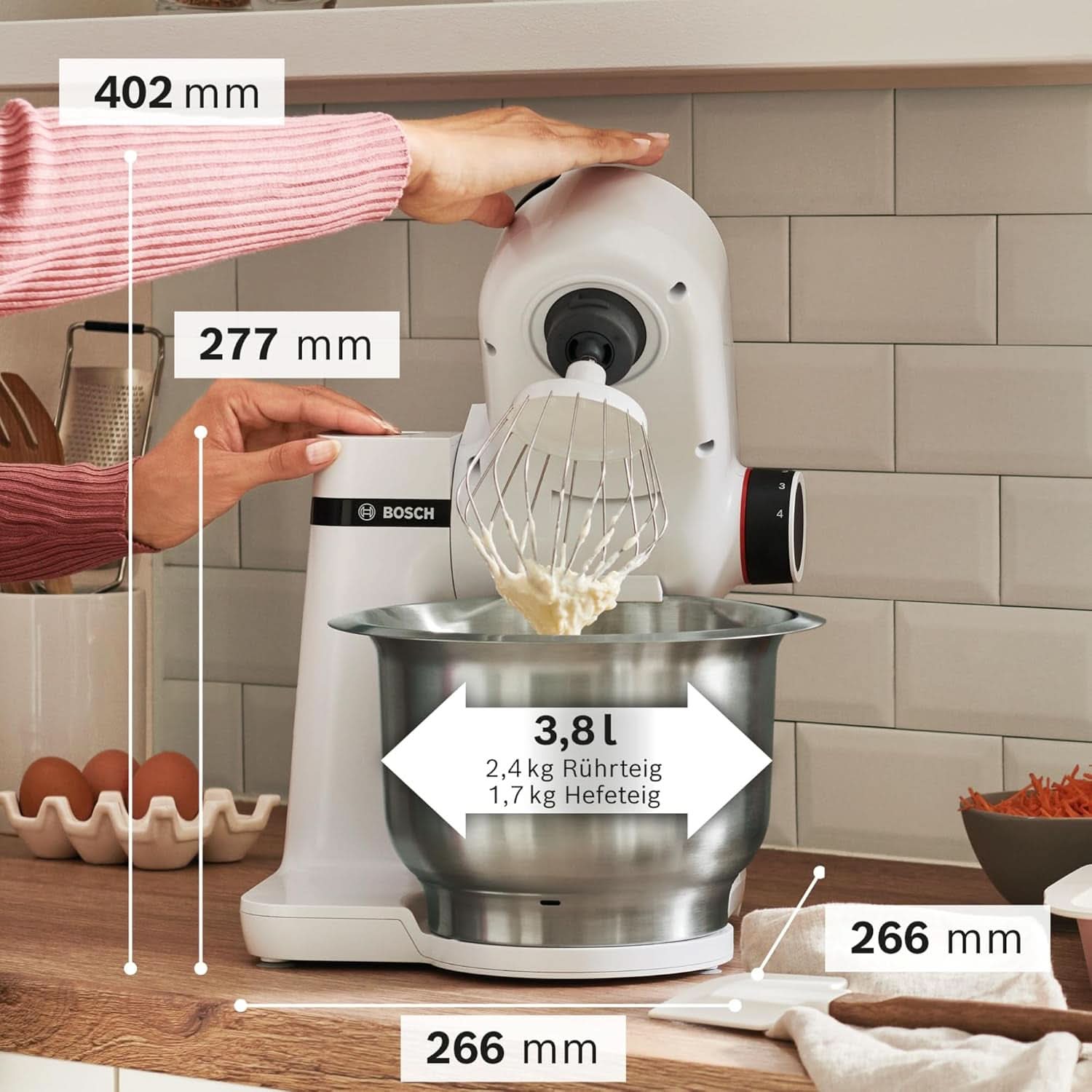 Bosch Küchenmaschine Serie 2 MUMS2EW00, Edelstahl-Schüssel 3.8 L, Planetenrührwerk, Knethaken, Schlag-, Rührbesen Edelstahl, 4 Arbeitsstufen, Durch Optionele Zubehör Erweiterbar, 700W, Weiß Kitchen Naty Shop