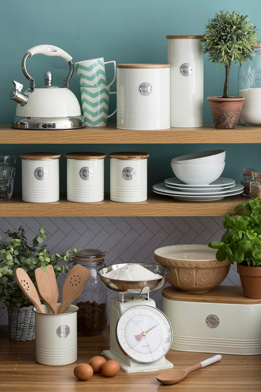 LIVING collectie, suikerpot met deksel | crèmepastel | opbergdoos 1 L keuken voor suiker | stalen suikerpot met deksel | Bamboe luchtdichte voorraadpotten met deksels Naty Shop voedselbewaardozen