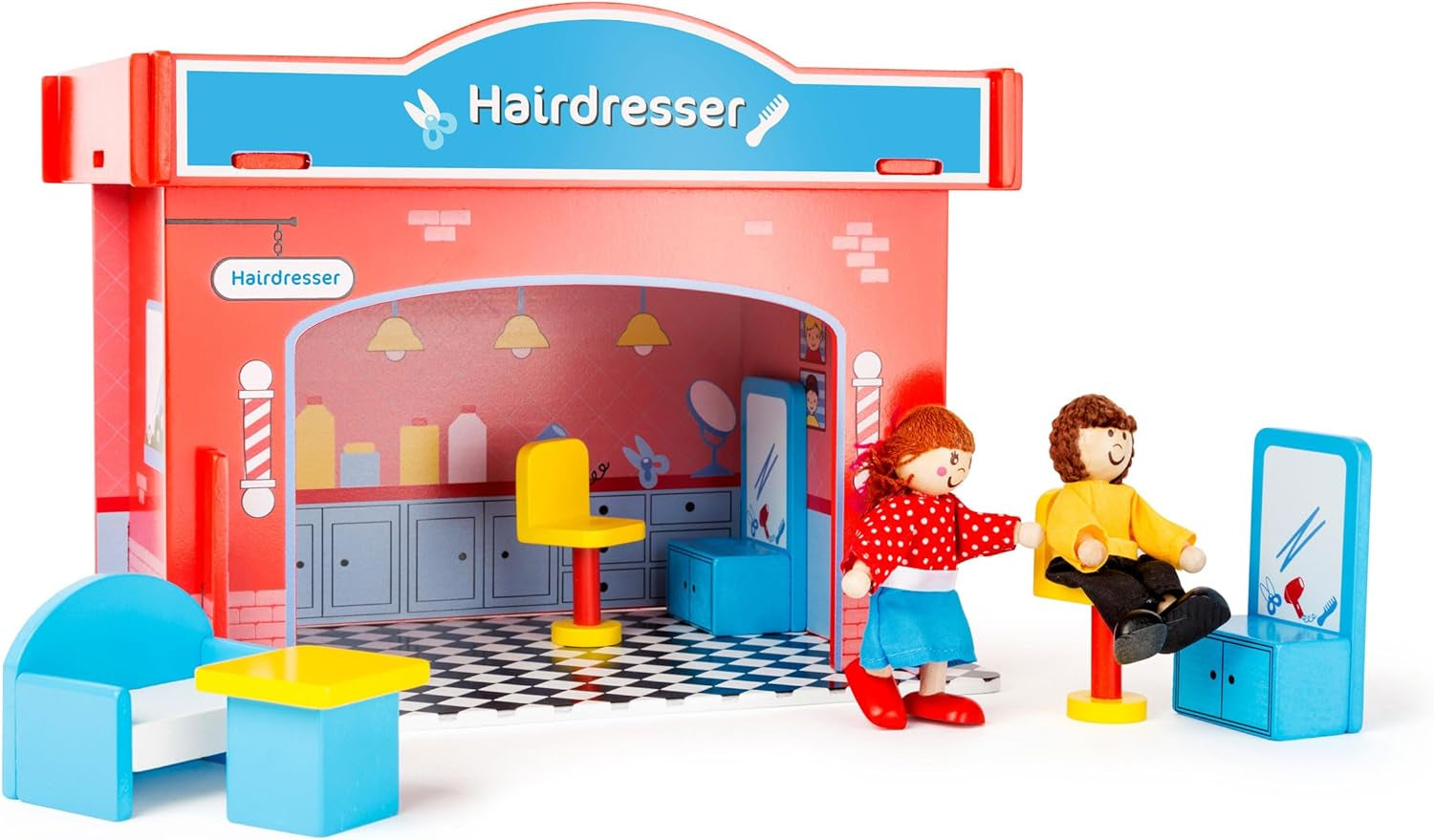 Small Foot 10852 Speelhuis Restaurant Van hout, Met 2 poppenfiguren, accessoires en afneembaar dak, Vanaf 3 jaar Poppenhuizen Naty Shop Kapsalon