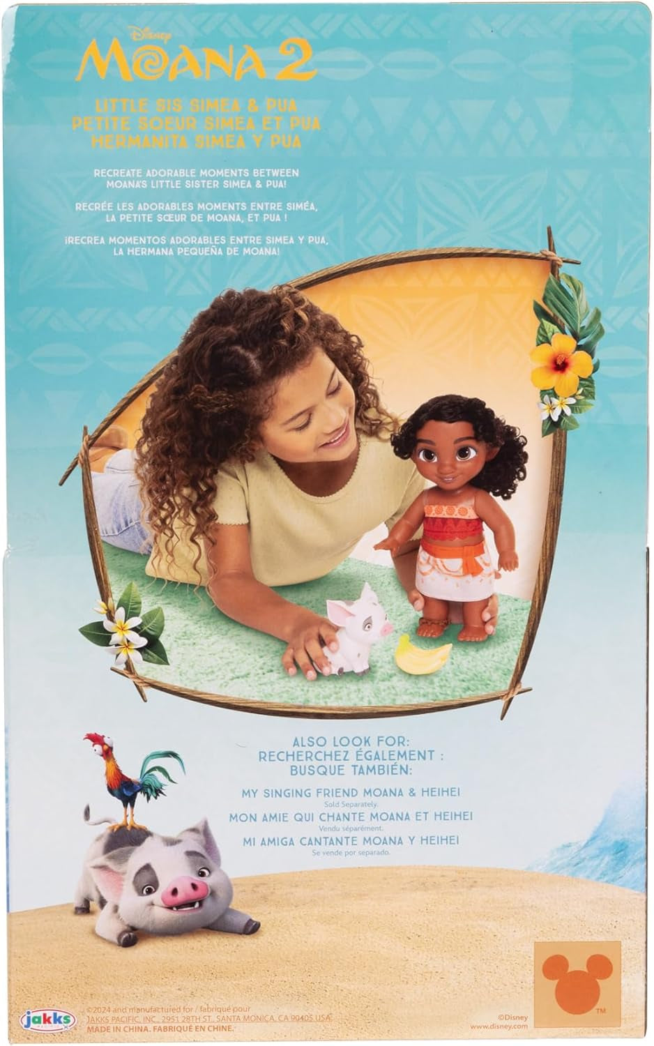 Jakks Pacific Moana 2 Little Sister Simea pop en Pua speelset 27 cm hoog, inclusief 1 poppenoutfit, 1 Pua en 1 plastic bananenbos, aanbevolen voor kinderen vanaf 3 jaar