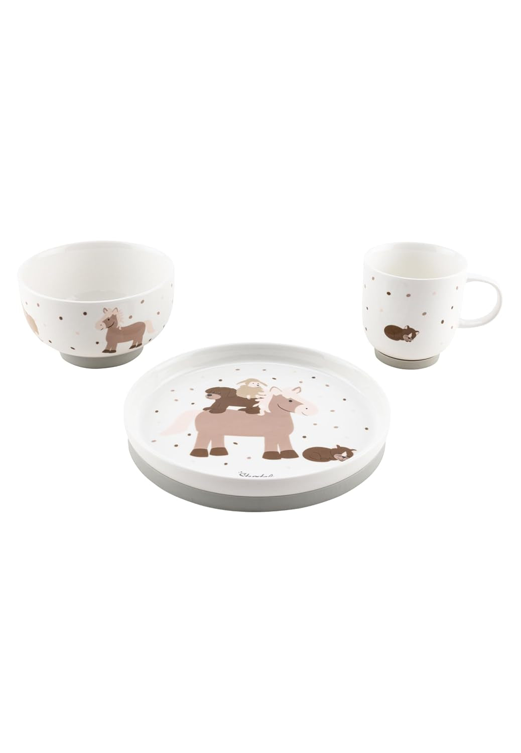 Sterntaler Porseleinen Serviesset Rustiek Design - Antislip en afneembare siliconen basis Serviesset - Baby- en kinderservies met bord, kom van 400 ml en mok van 200 ml, wit