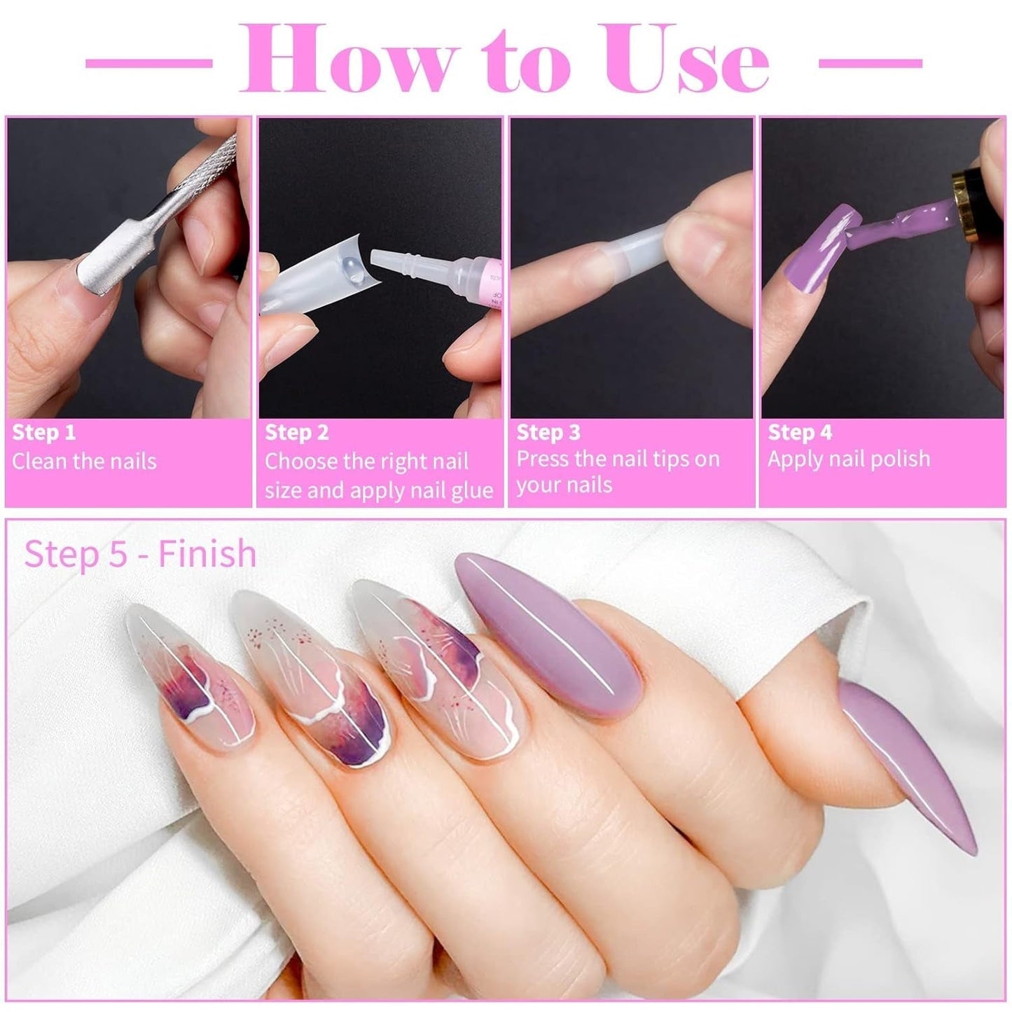 500 stuks Franse kunstnageltips Acryl valse nageltips Set Nagelverlengingen Nageltips Valse nagelaccessoires met 4 stuks nageldesignlijm Gelnagels Natuurlijk