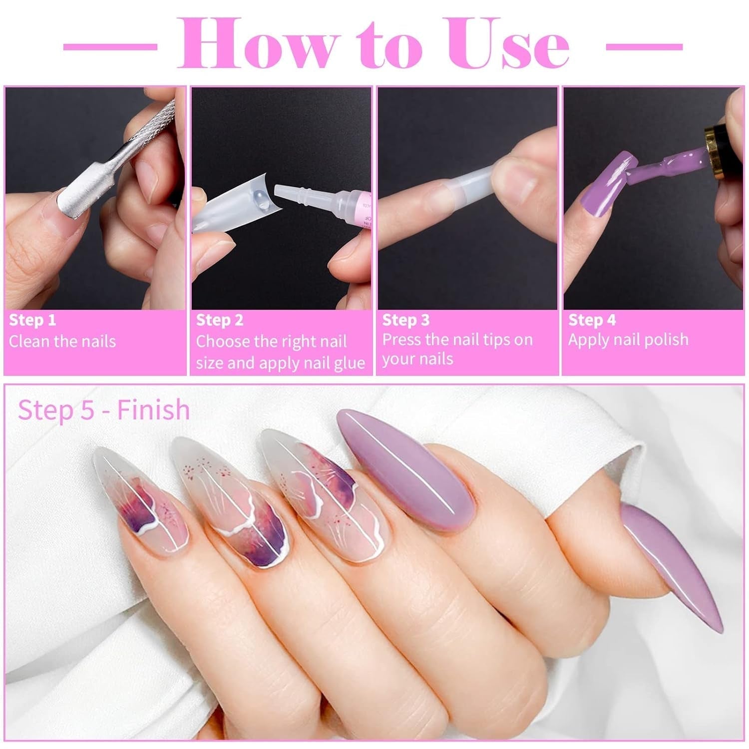 500 stuks Franse kunstnageltips Acryl valse nageltips Set Nagelverlengingen Nageltips Valse nagelaccessoires met 4 stuks nageldesignlijm Gelnagels Natuurlijk
