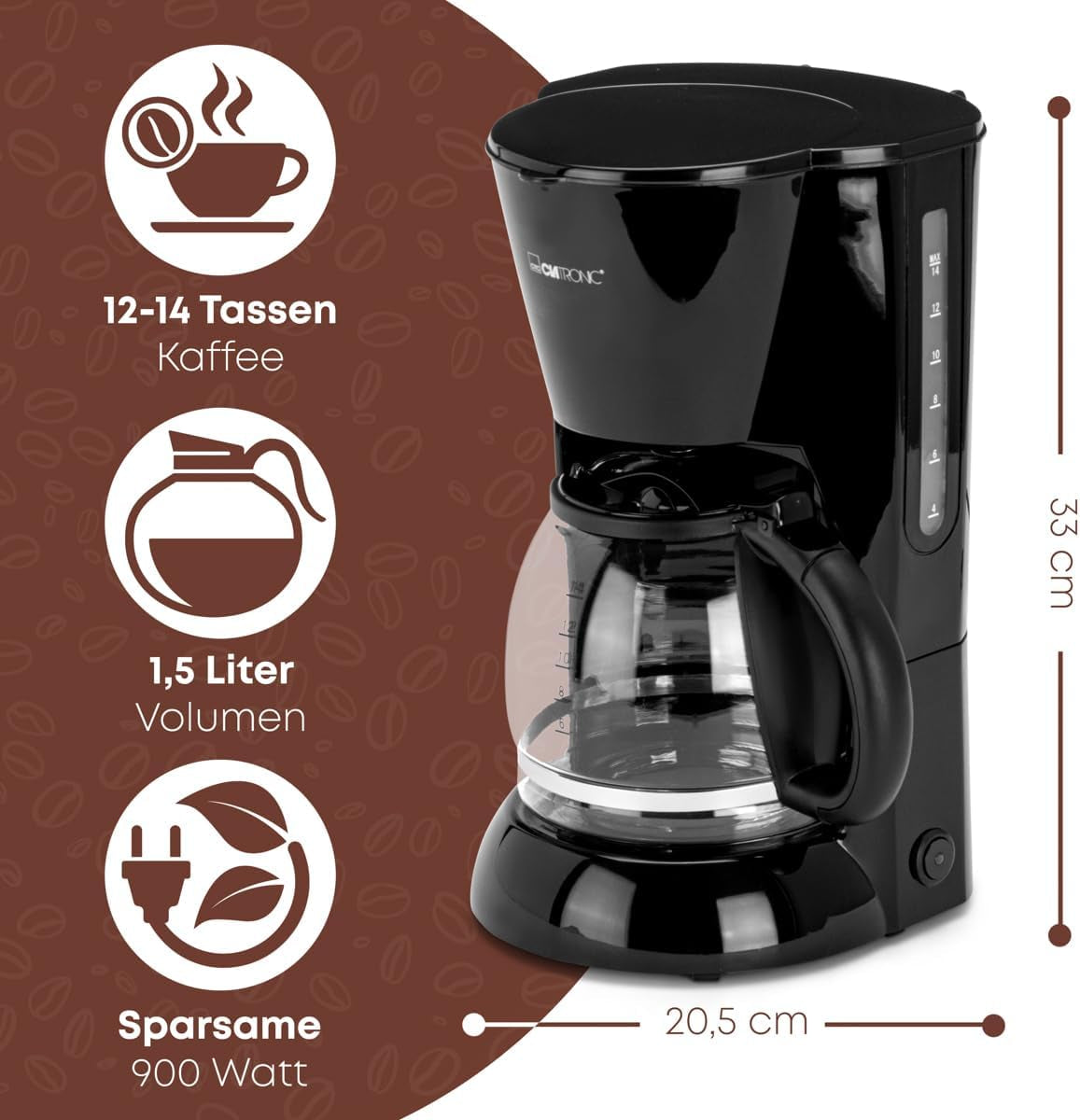 Clatronic® espressomachine | Automatische espressomachine voor 12-14 kopjes (ca. 1,5 liter) | Espressomachine met filter en antidruppelsysteem | 900W | Espressor KA 3473 Zwart