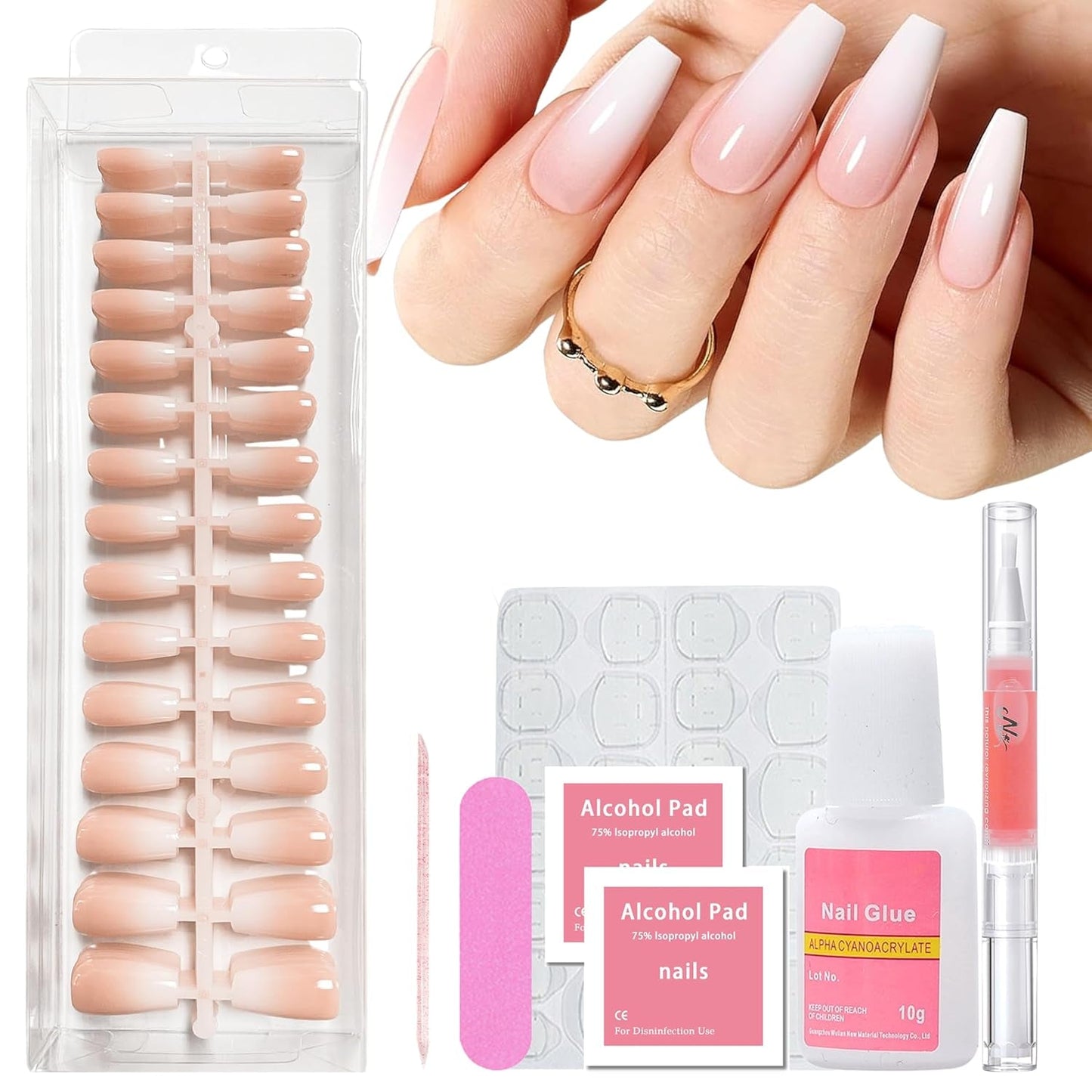 240 stuks gradiënt vierkante nagels set, naakt witte gradiënt kunstnagels voor oliepenlijm, medium ombre natuurlijke nepnagels voor vrouwen DIY (naakt vierkant)