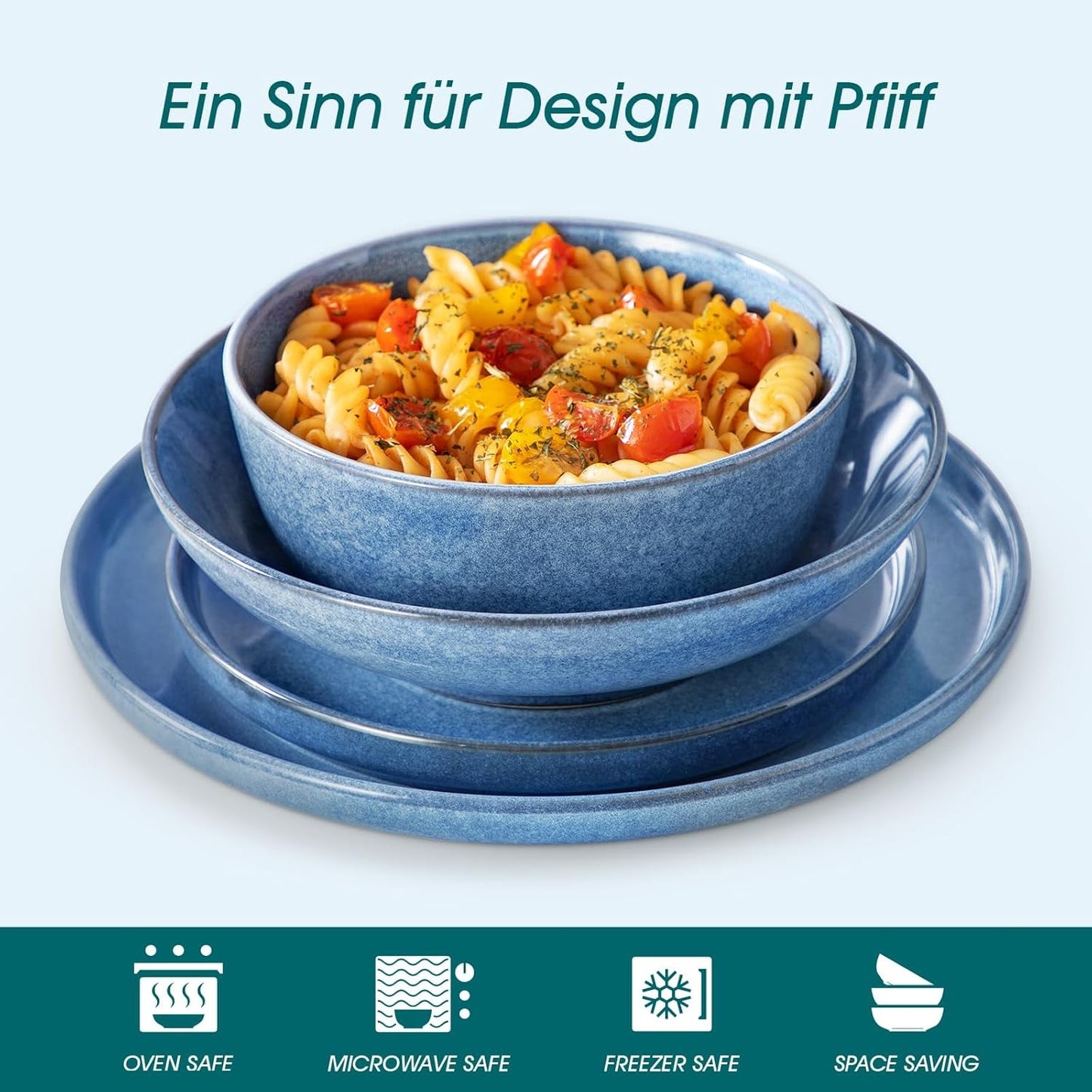 Steingut Geschirrset 6 Personen, vancasso ANYA Blau Teller Set Modern 24 teilig, Tafelservice mit Speiseteller, Suppenteller, Desserttellern, Schüsseln, Geschirr Set Spülmaschinen en Mikrowellenfest