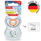 Fopspenen NUK Space Night | 6-18 maanden | Fopspenen met extra grote ventilatiesleuven, glow in the dark | Siliconen zonder BPA | Vos en lieveheersbeestje | Pak van 2