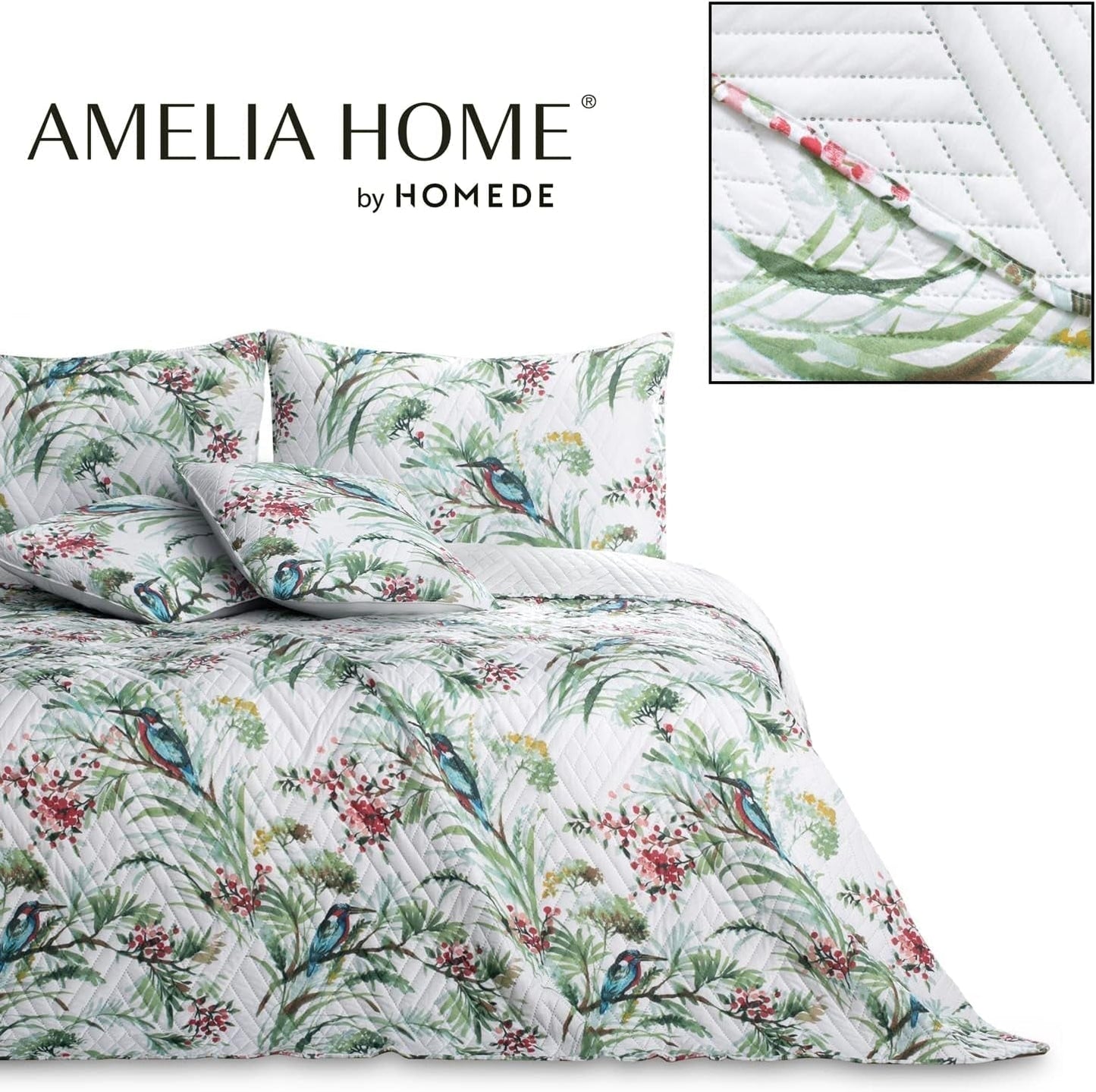 Ameliahome Sprei Sprei 260X280 Cm Dubbelzijdig Onderhoudsvriendelijk Quilten Plantpatroon Vogelpatroon Veelkleurig Kingfisher Bedden en Dekens Besuche den AmeliaHome-Store