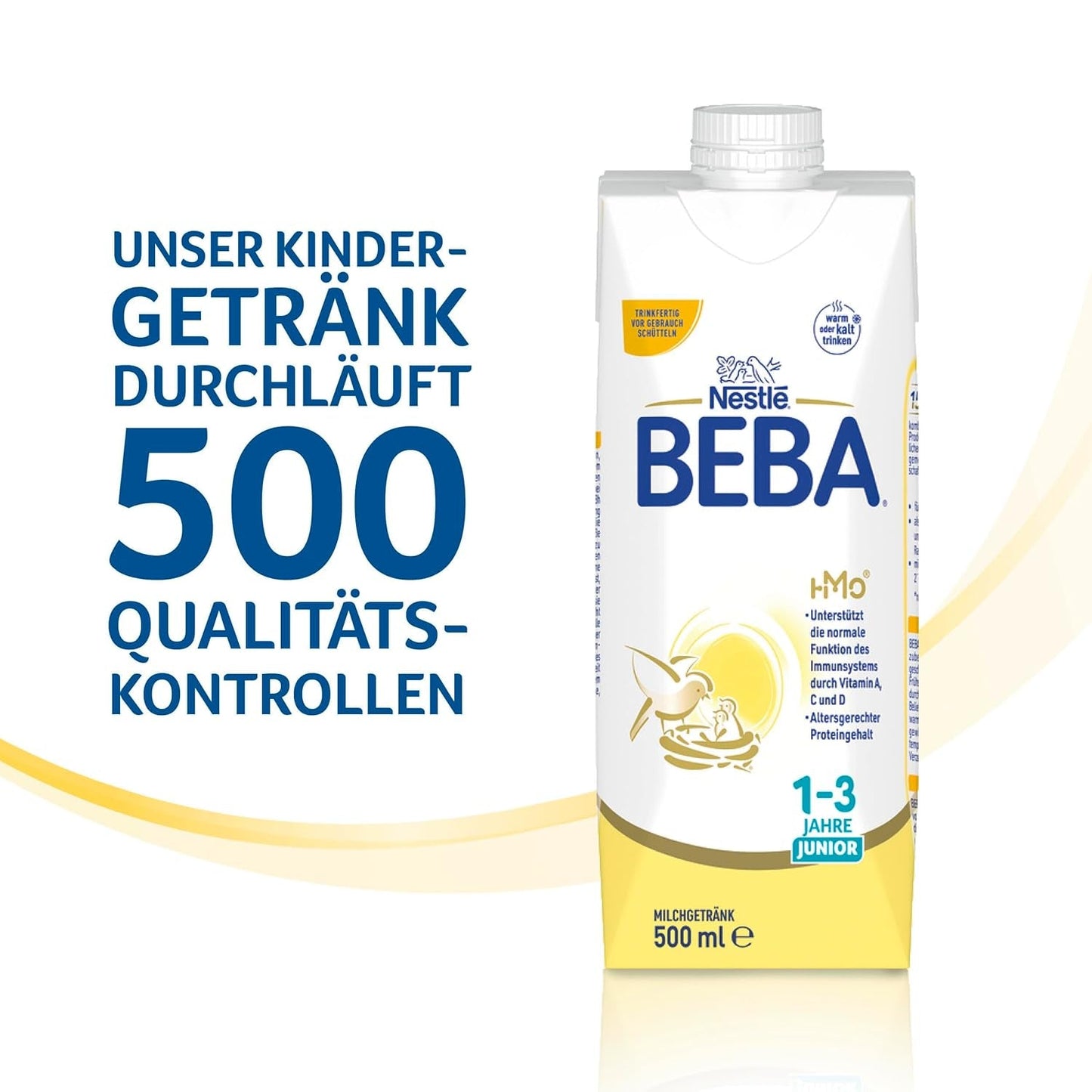 BEBA Junior kant-en-klare melkdrank 1-3 jaar, met HMO, bij de leeftijd passend eiwitgehalte, palmolievrij, visolievrij, peutervoeding, 12 stuks (12 x 500 ml)