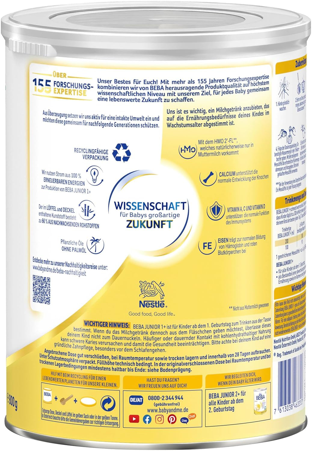 BEBA Junior 1+ melkdrank vanaf 1 jaar, Met HMO, Aan de leeftijd aangepast eiwitgehalte, Alleen lactose, Geen palmolie, Geen visolie, Peutervoeding, Babymelkpoeder, Verpakking van 6 (6 x 800 g)