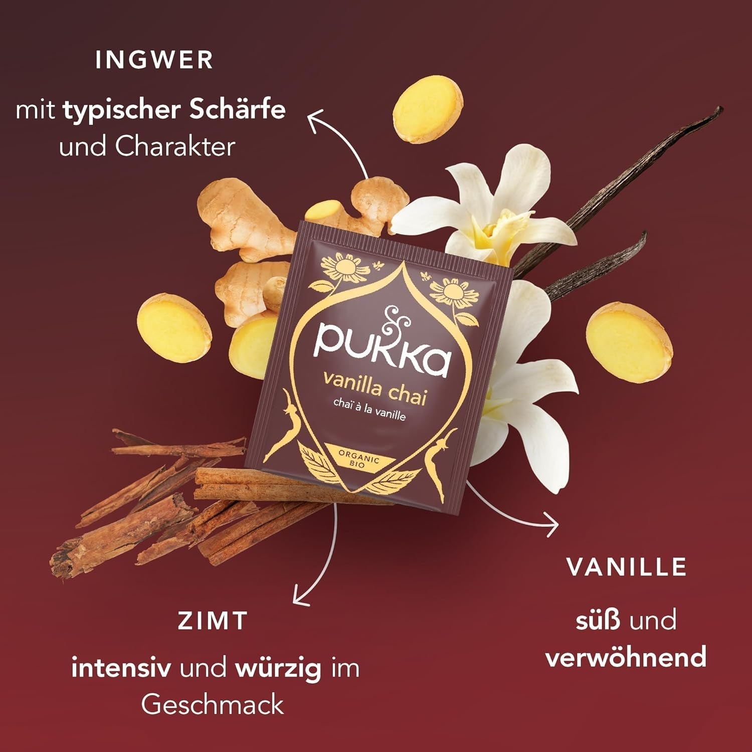 Pukka | Mix van biologische gearomatiseerde thee "Vanilla Chai" | Kaneel, gember en vanille | Thee voor een traktatie met natuurlijke zoetheid | Verpakking van 1 | 20 theezakjes