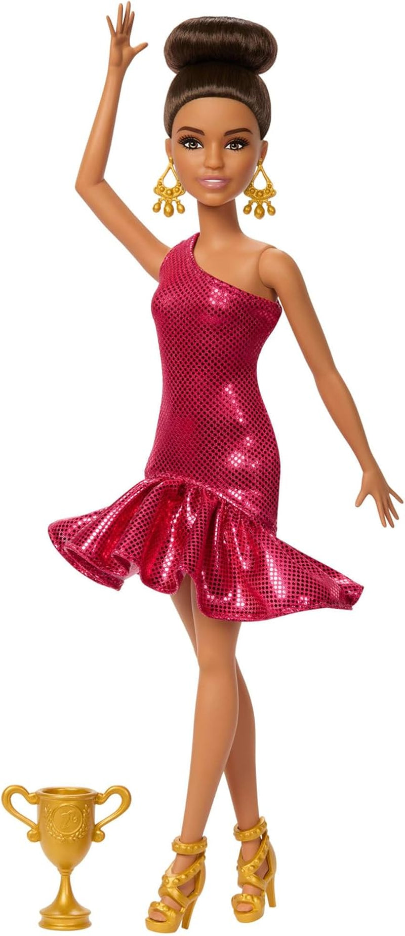 Modieuze dansende barbiepop met rode jurk met ruches, dansschoenen, bruin haar en accessoires voor danstrofeeën, JFR09 Naty Shop-poppen Standaardtitel