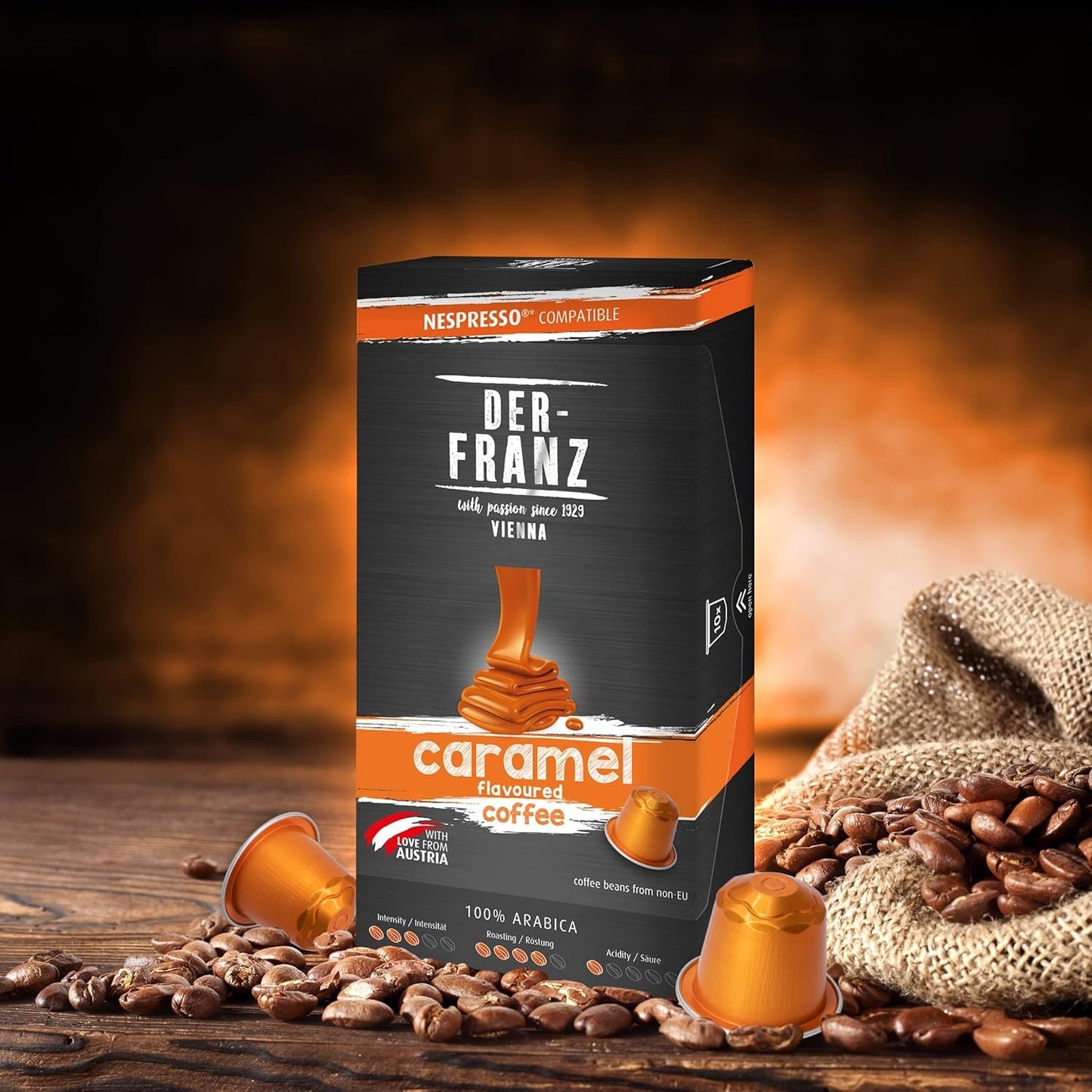 Der-Franz Nespresso-compatibele koffiecapsules, 6 x 10 capsules, karamelaroma, medium branding