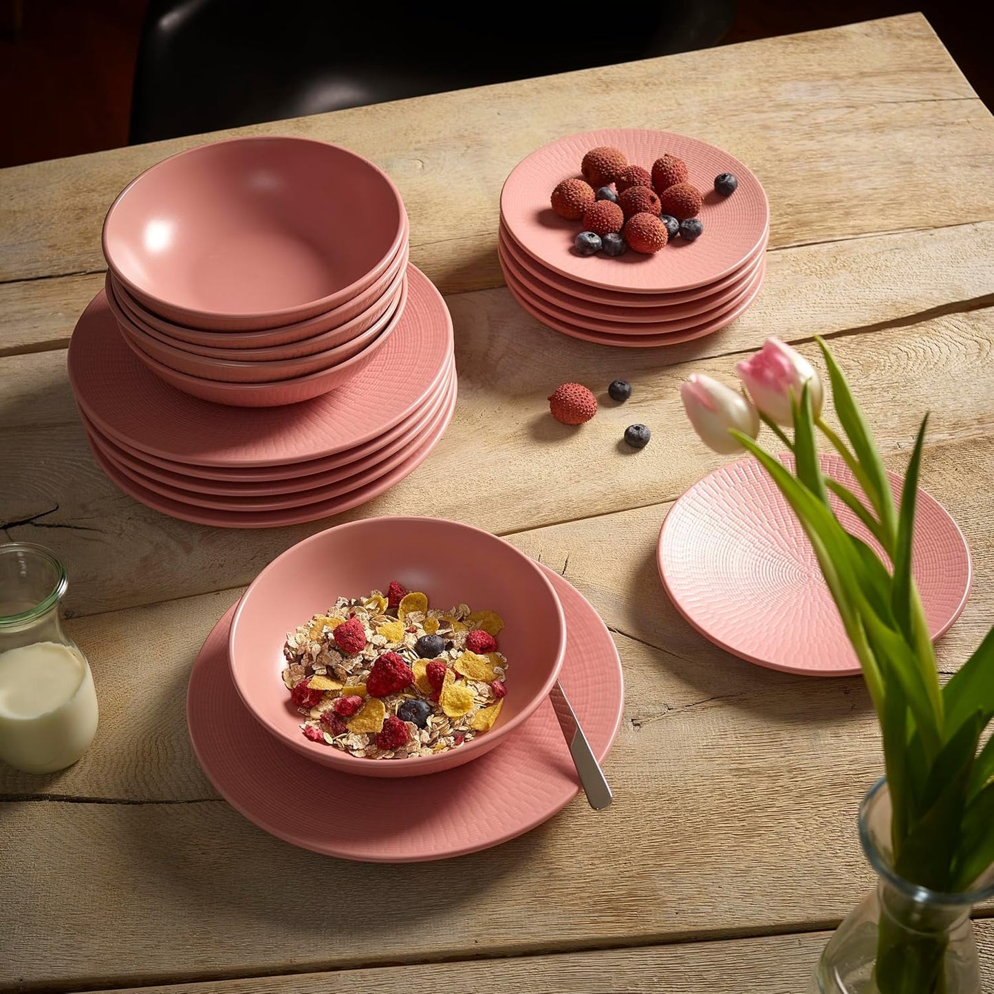 ECHTWERK Vintage serviesset 12-delig natuurlijk design "Blanka" 4-persoons elegant getextureerd steengoed serviesset met 4 dinerborden 4 zijborden 4 dinerborden roze