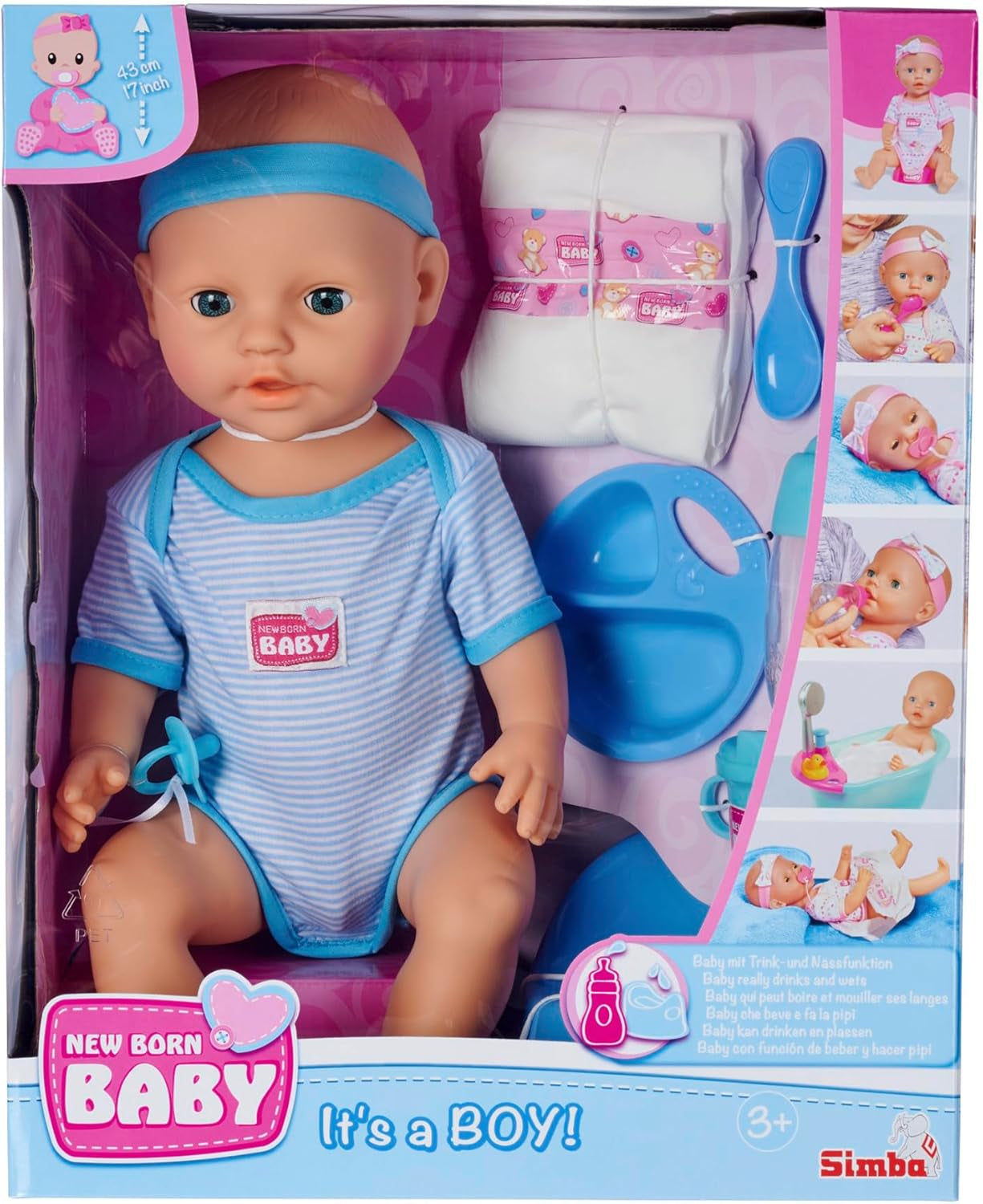 Simba 105030044 - pasgeboren pop - jongen, volledig vinyl pop met slaapogen, drink- en bevochtigingsfunctie en accessoires, 8 stuks, 43 cm, babypop, vanaf 3 jaar